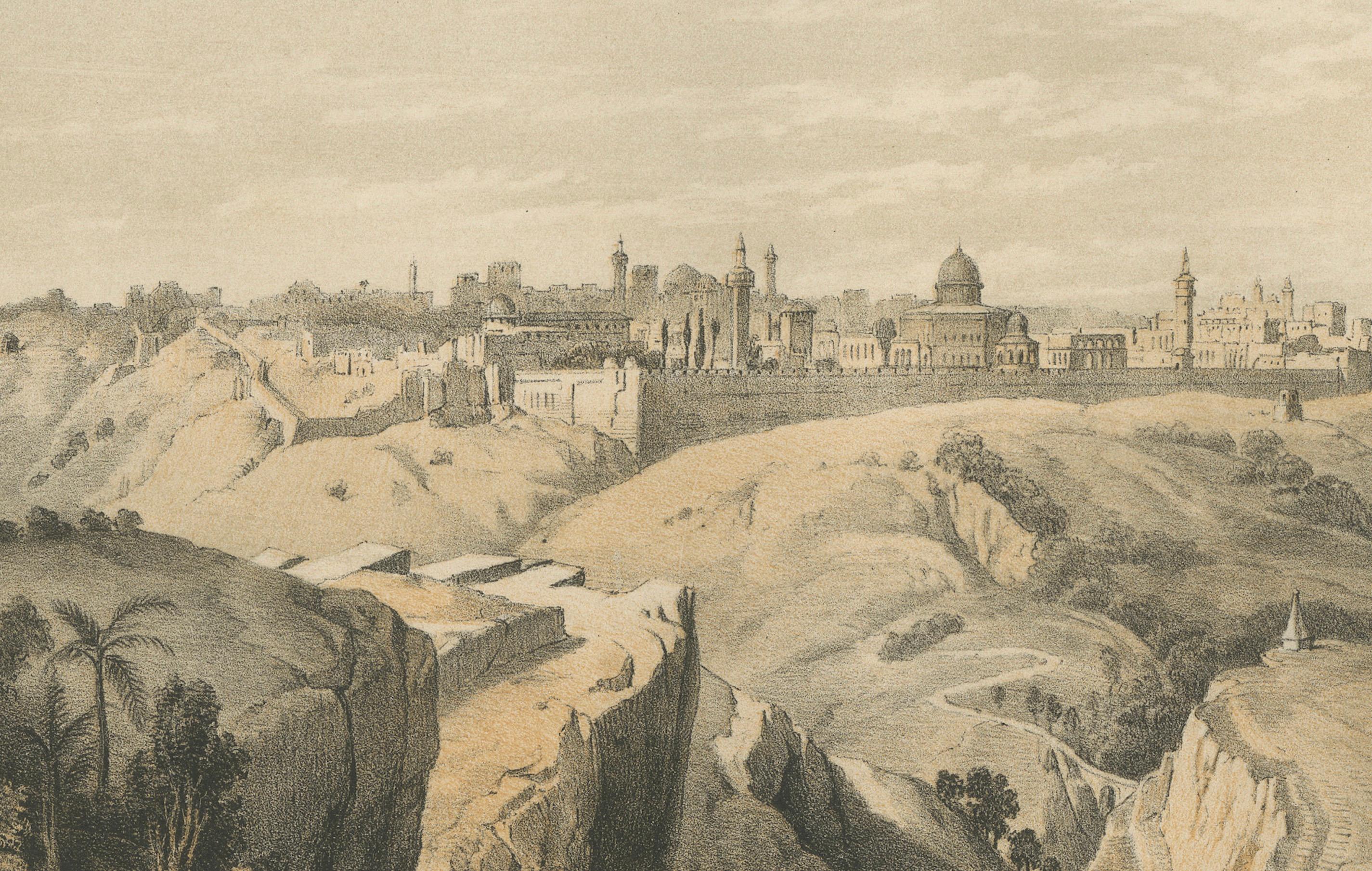 Milieu du XIXe siècle Chromolithographie du XIXe siècle représentant Jérusalem - Vue de la route de Béthanie, 1862 en vente