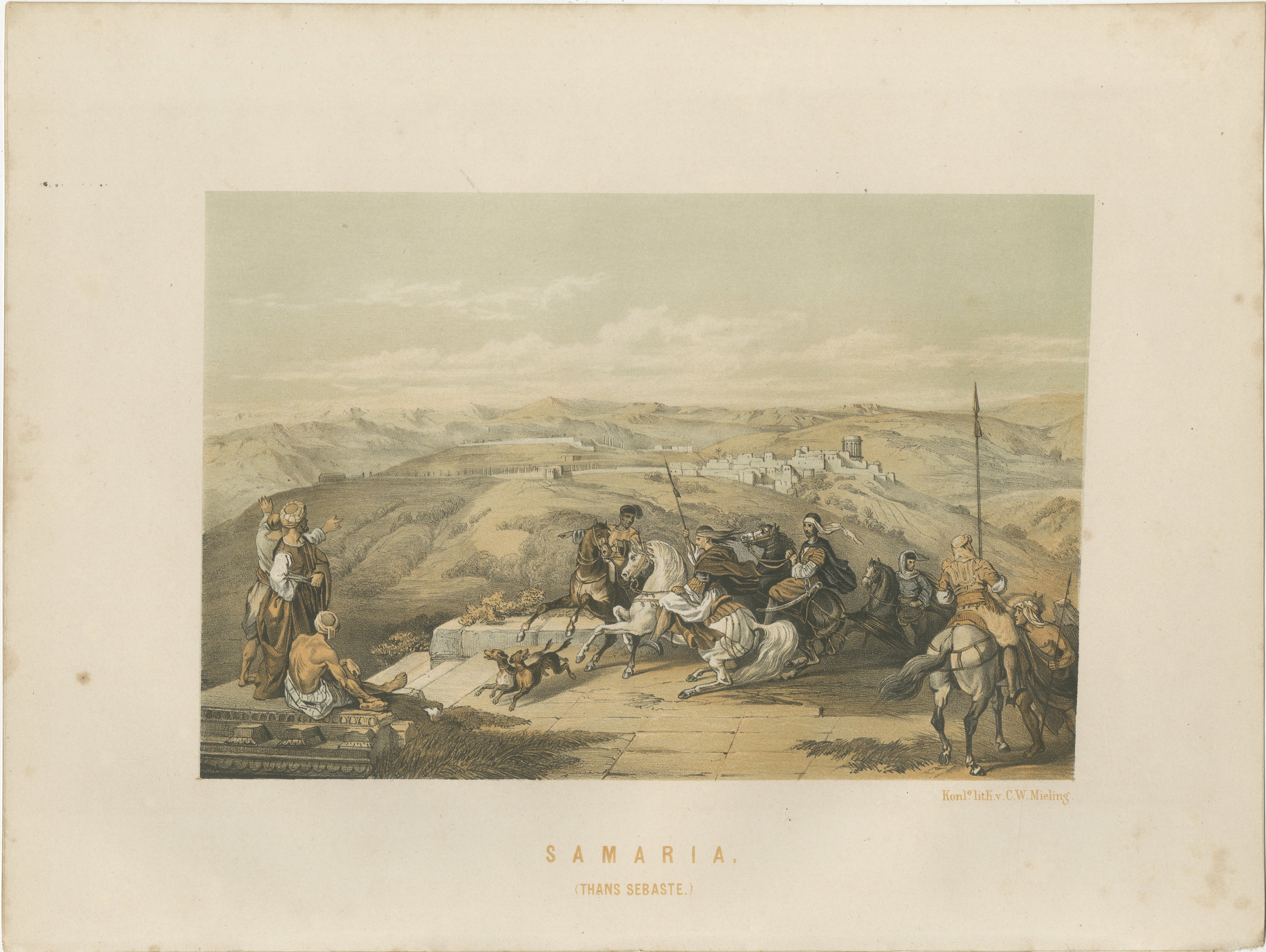 Title: 19th-Century Chromolithograph of Samaria – Historical Biblical Scene After David Roberts  

Description:  
This striking 19th-century chromolithograph depicts a dramatic and historically rich view of Samaria, also known as Sebaste, an ancient
