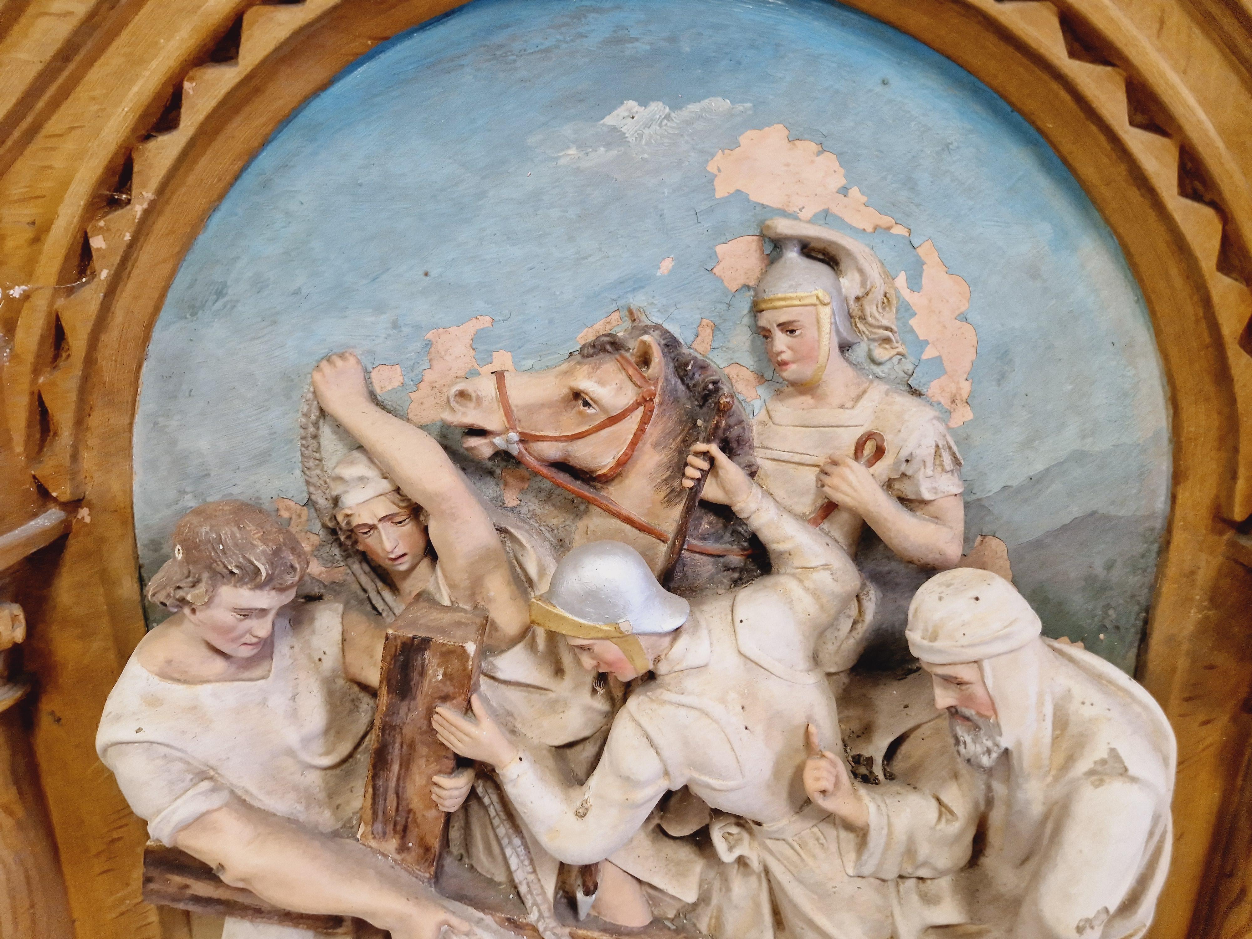 Add a wow factor touch of religious art to your home décor or commercial space with these stunning 19th century church bas reliefs in terracotta. The intricate sculptures feature the story of Christ and are crafted with oil and terracotta materials.