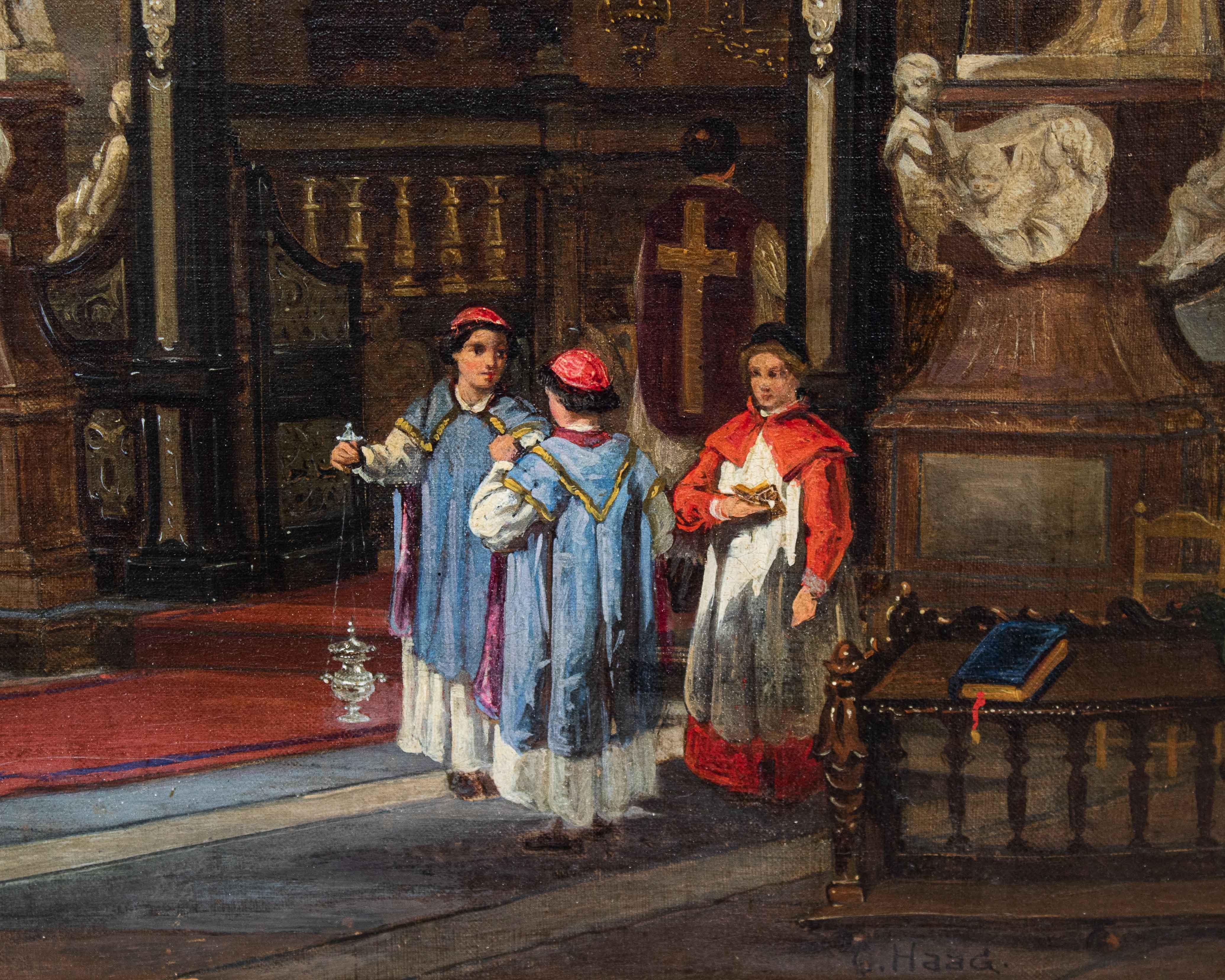 European 19th Century Church interior Painting Oil on canvas by Carl Haag