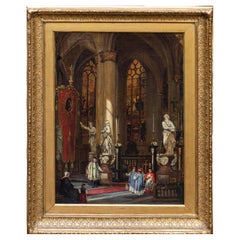 Antique 19th Century Church interior Painting Oil on canvas by Carl Haag