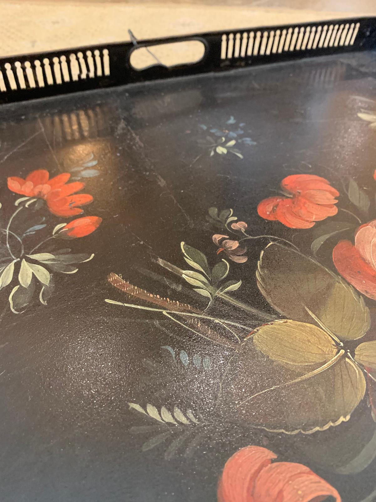 19th Century circa 1810 Painted Floral Tole Tray with Pierced Edge 5
