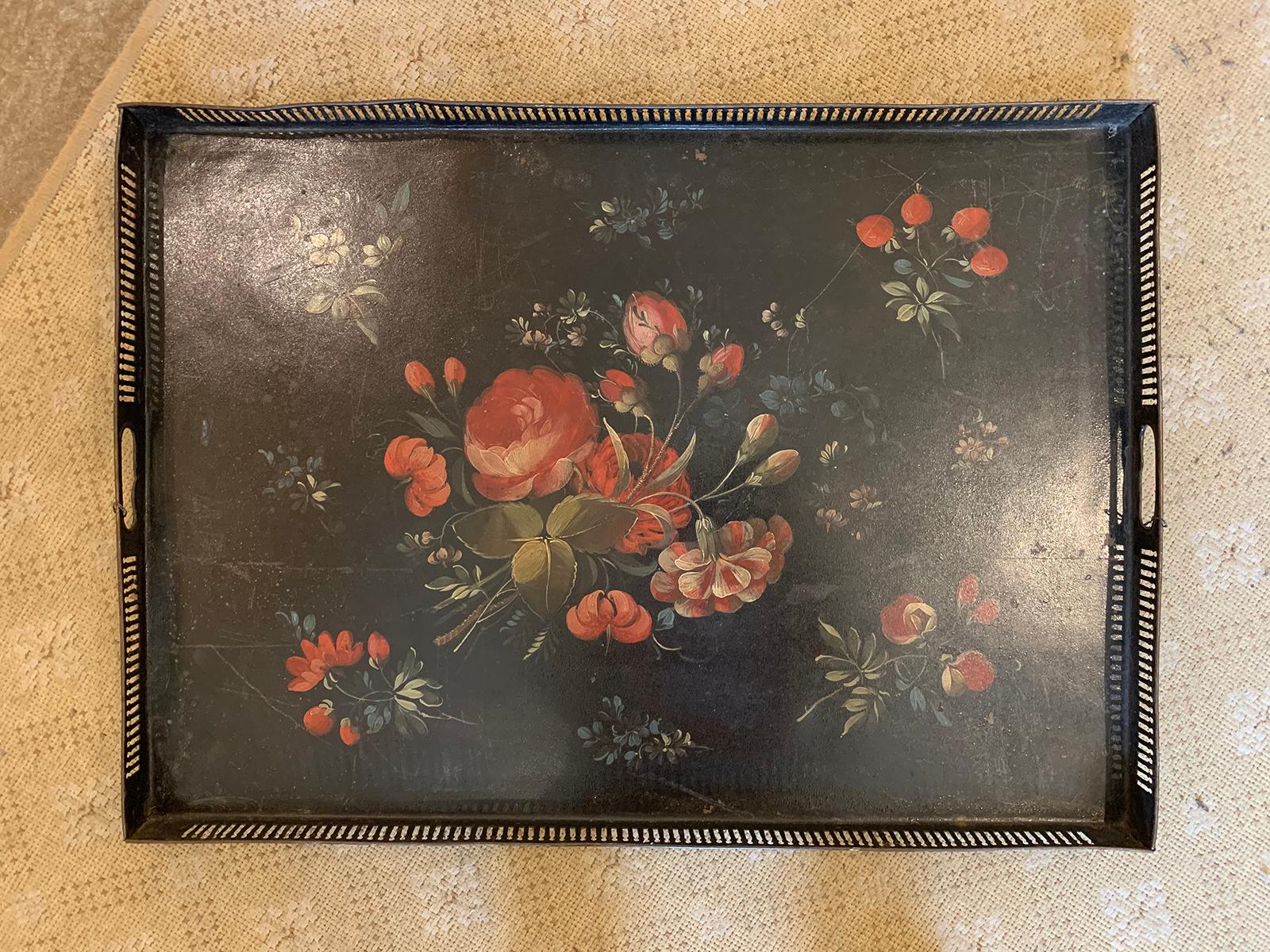 19th century circa 1810 painted floral tole tray with pierced edge.