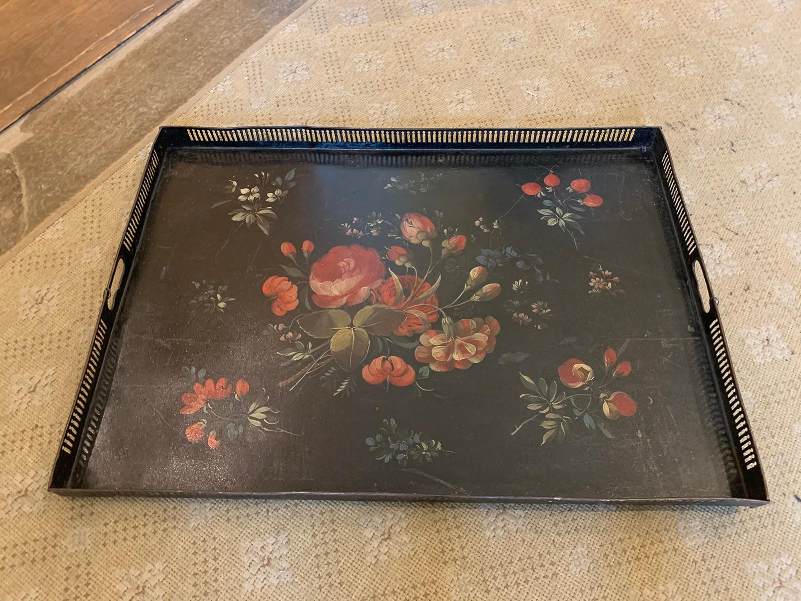 Hand-Painted 19th Century circa 1810 Painted Floral Tole Tray with Pierced Edge