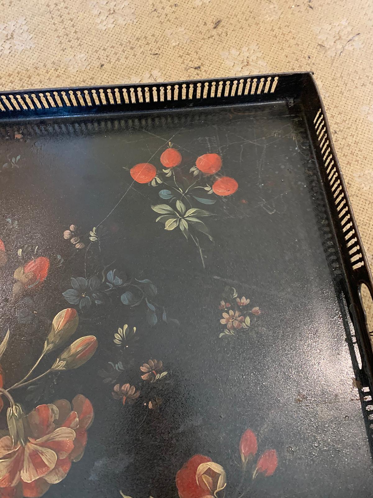 19th Century circa 1810 Painted Floral Tole Tray with Pierced Edge 1