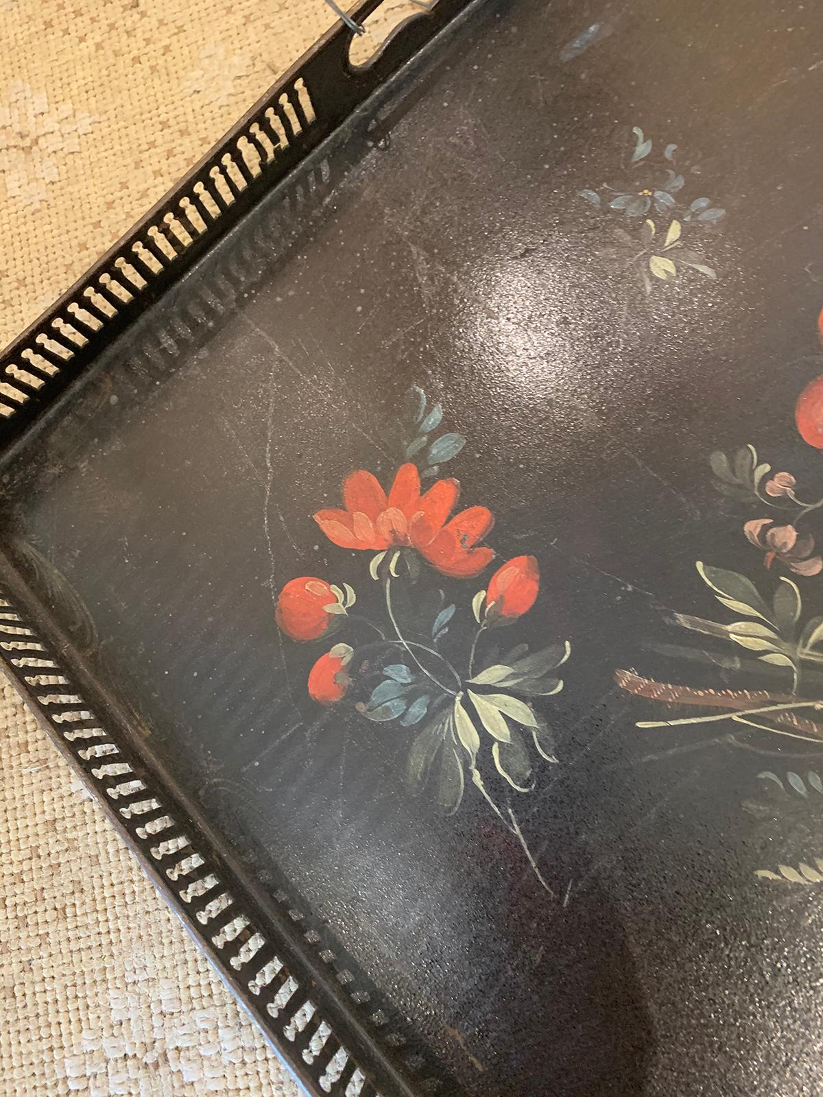 19th Century circa 1810 Painted Floral Tole Tray with Pierced Edge 3