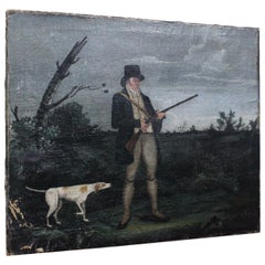 XIX secolo circa 1820 Olio su tela Cacciatore georgiano e cane da caccia pointer