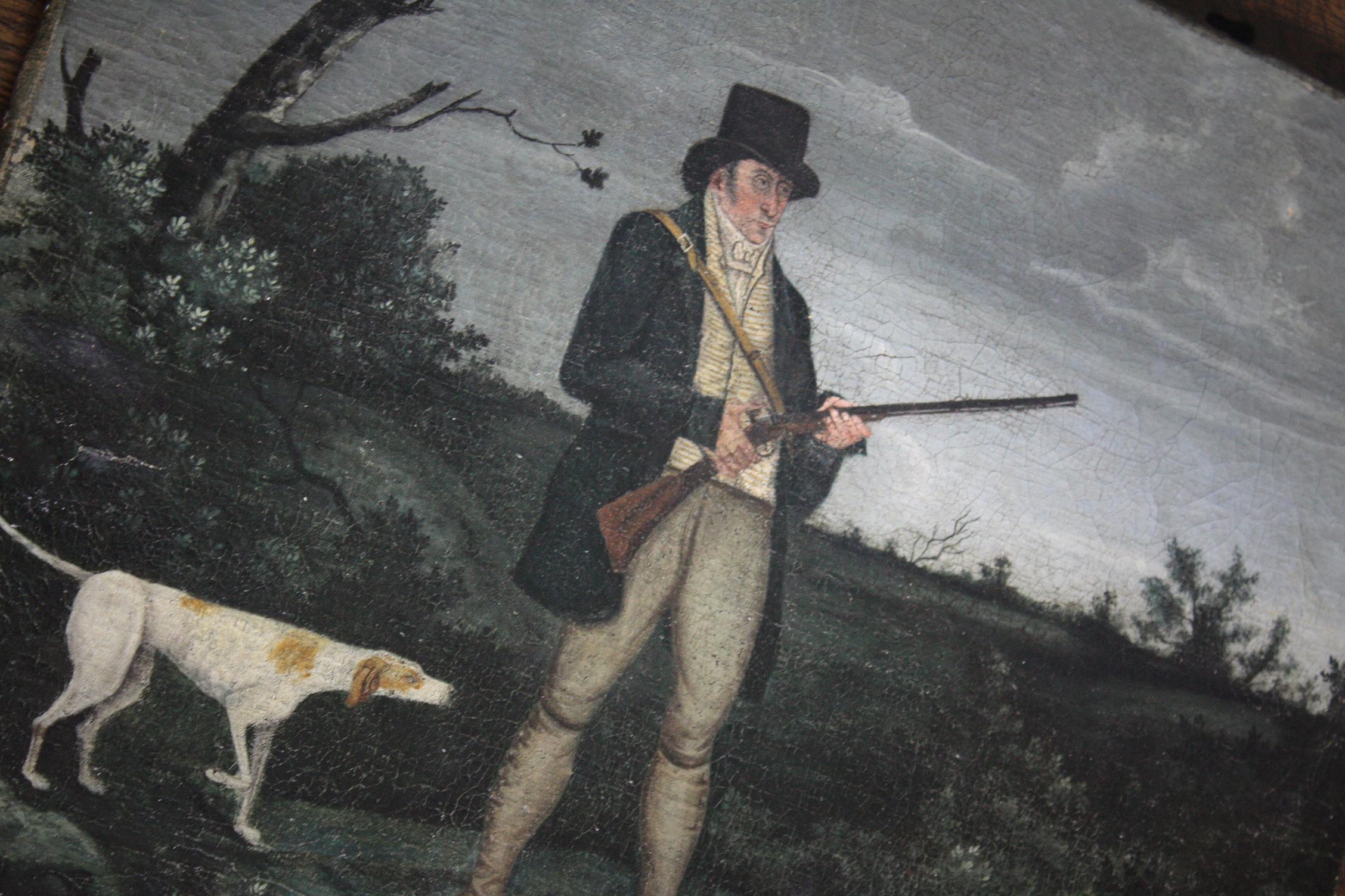 19th Century circa 1820 Oil on Canvas Georgian Hunter and Pointer Gun Dog In Distressed Condition In Lowestoft, GB