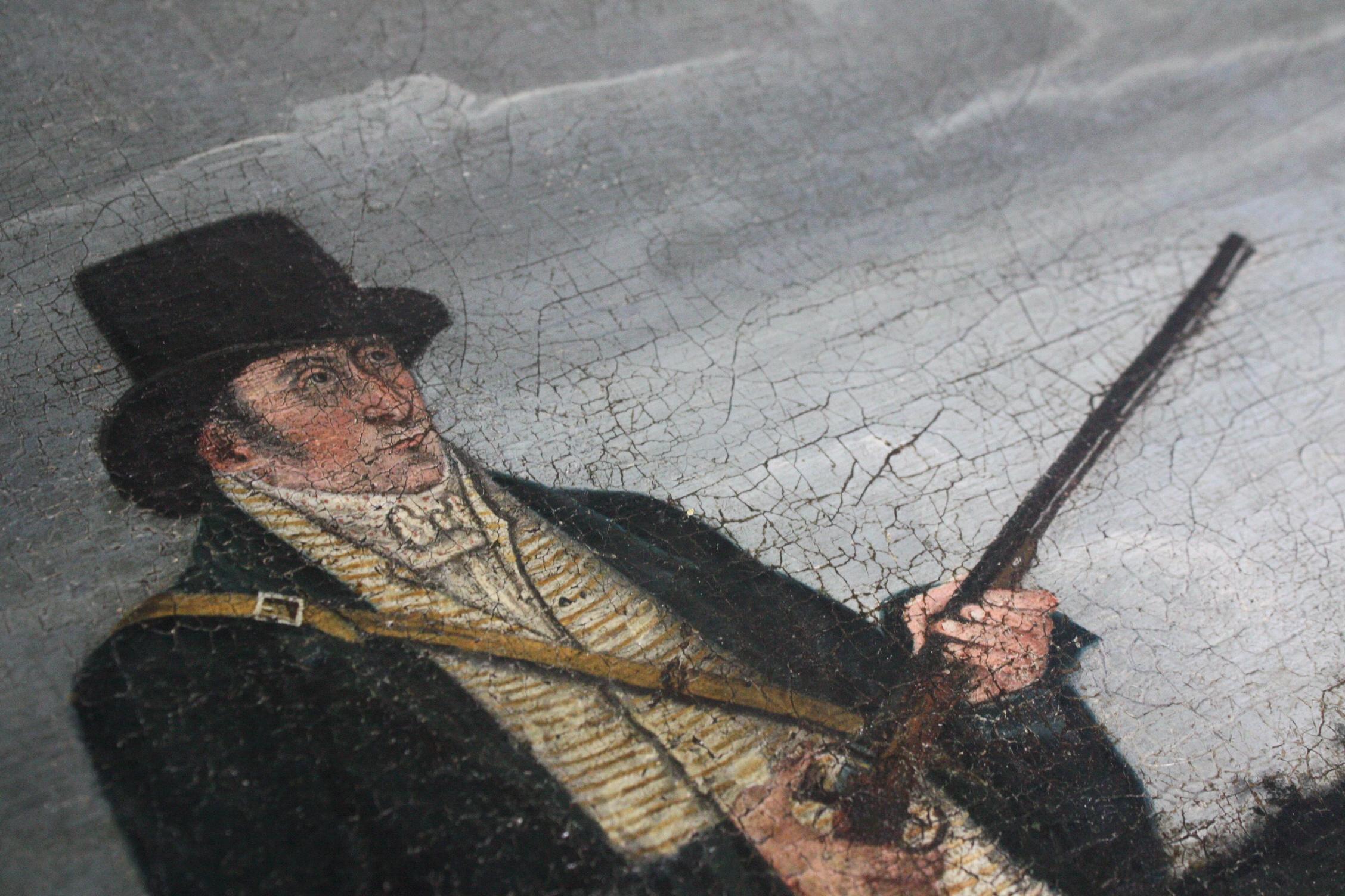 A charming oil on canvas of a Georgian gentleman wearing his top hat, green 'justacorps' frock coat and holding his musket in the country with his pointer gun dog, circa 1820 in age, English in origin. 

The canvas has been re stretched, it