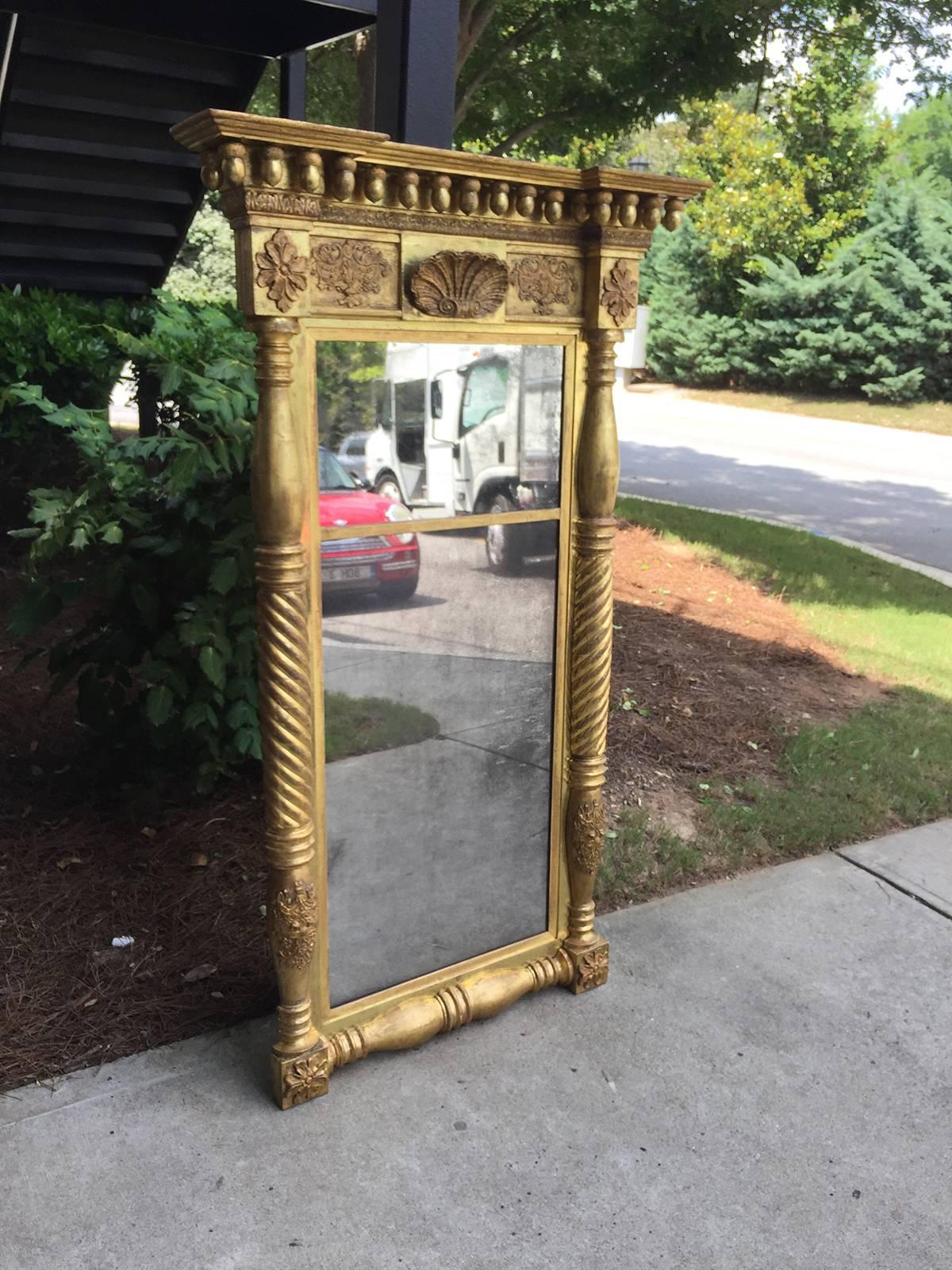 19th Century circa 1840 American Empire Giltwood Pier Mirror, Acorn & Shell In Good Condition In Atlanta, GA
