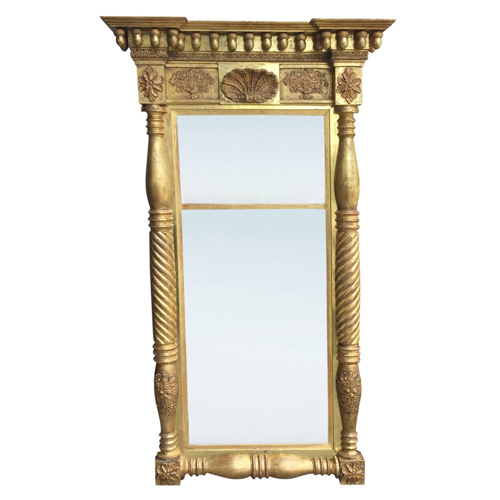 19th Century circa 1840 American Empire Giltwood Pier Mirror, Acorn & Shell