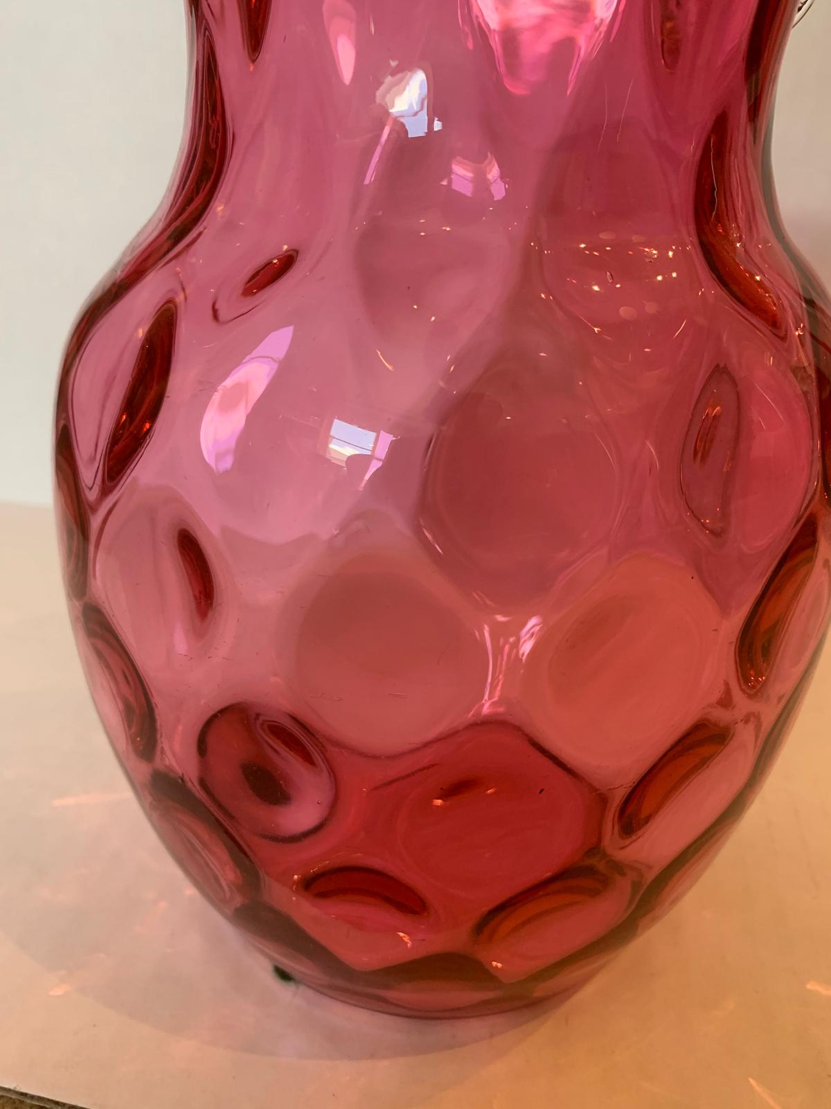 19th Century circa 1880 Cranberry Glass Thumbprint Pattern Water Pitcher 5