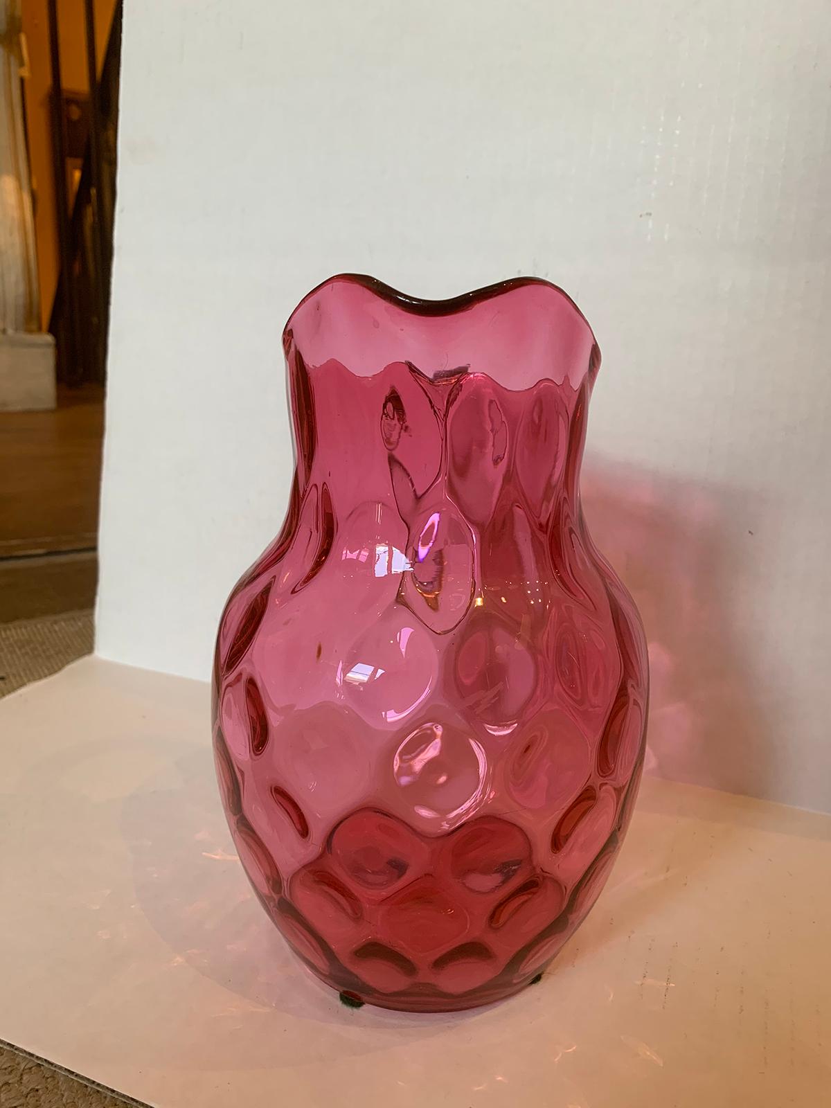 19th Century circa 1880 Cranberry Glass Thumbprint Pattern Water Pitcher In Good Condition In Atlanta, GA