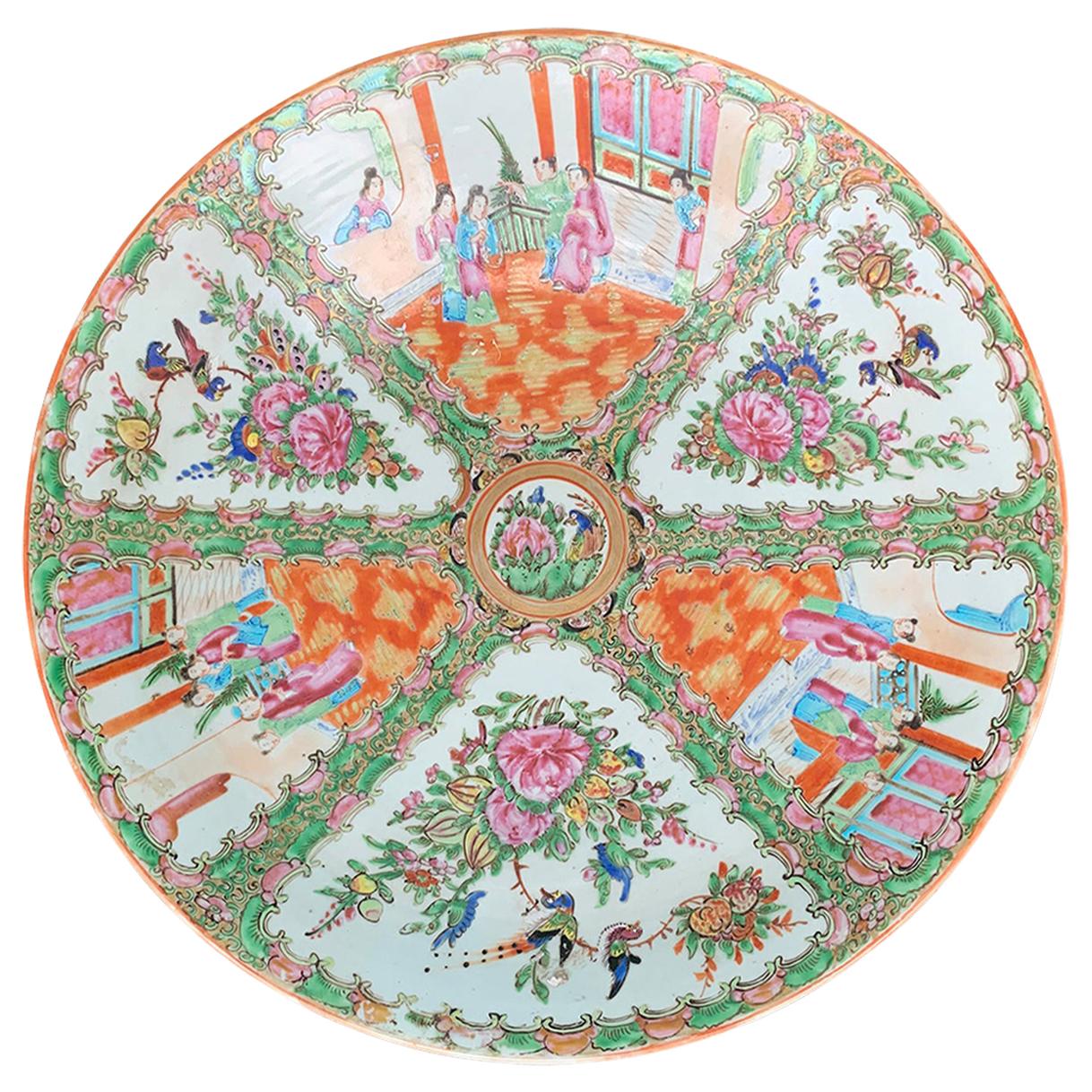 19th Century circa 1890 Chinese Export Rose Medallion Porcelain Charger, Marked For Sale