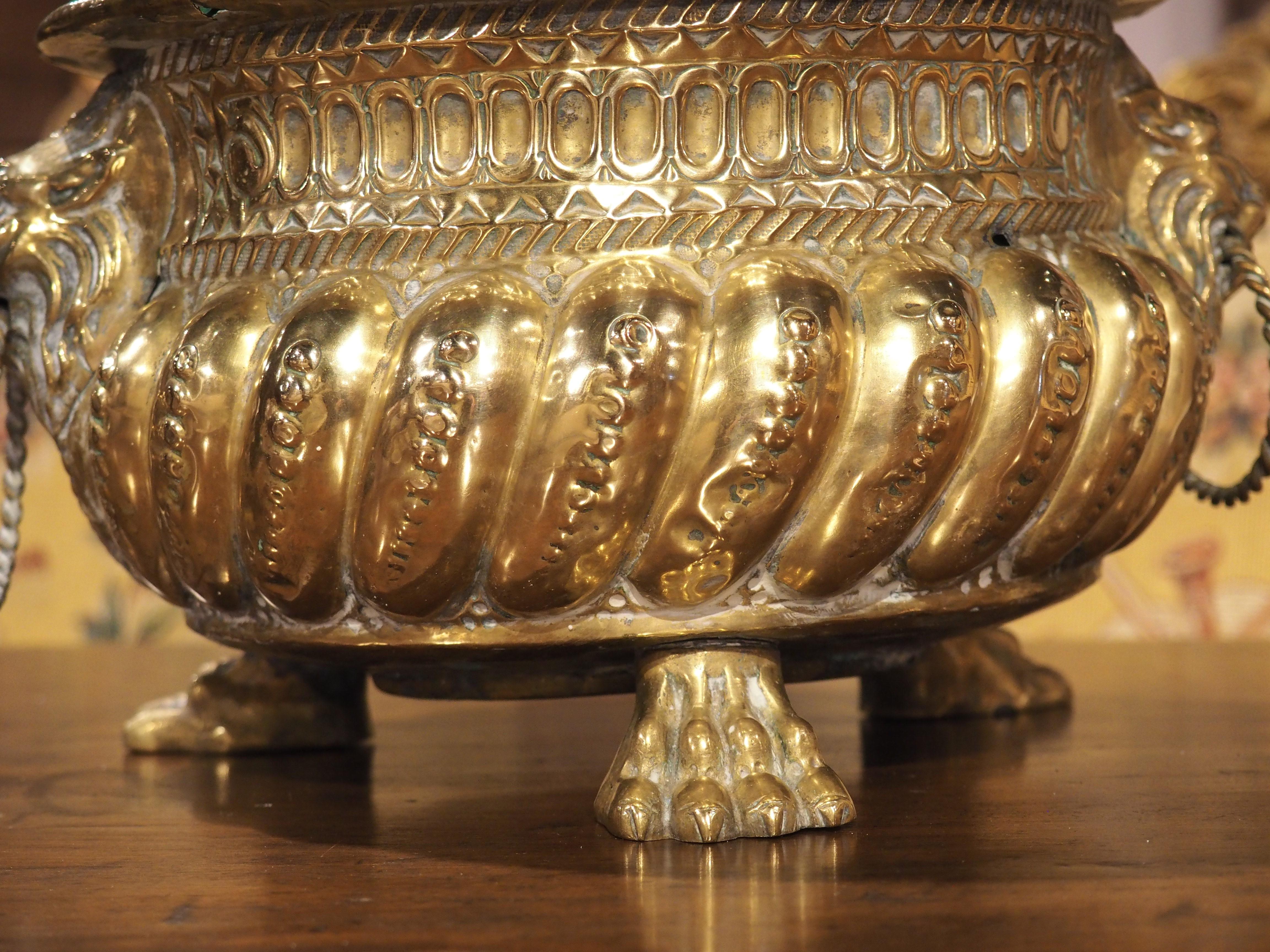 19th Century Circular French Brass Jardiniere with Lions and Paw Feet For Sale 1