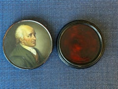 19th Century Circular Hand-Painted Ebonized Box Depicting an Aristocrat Man