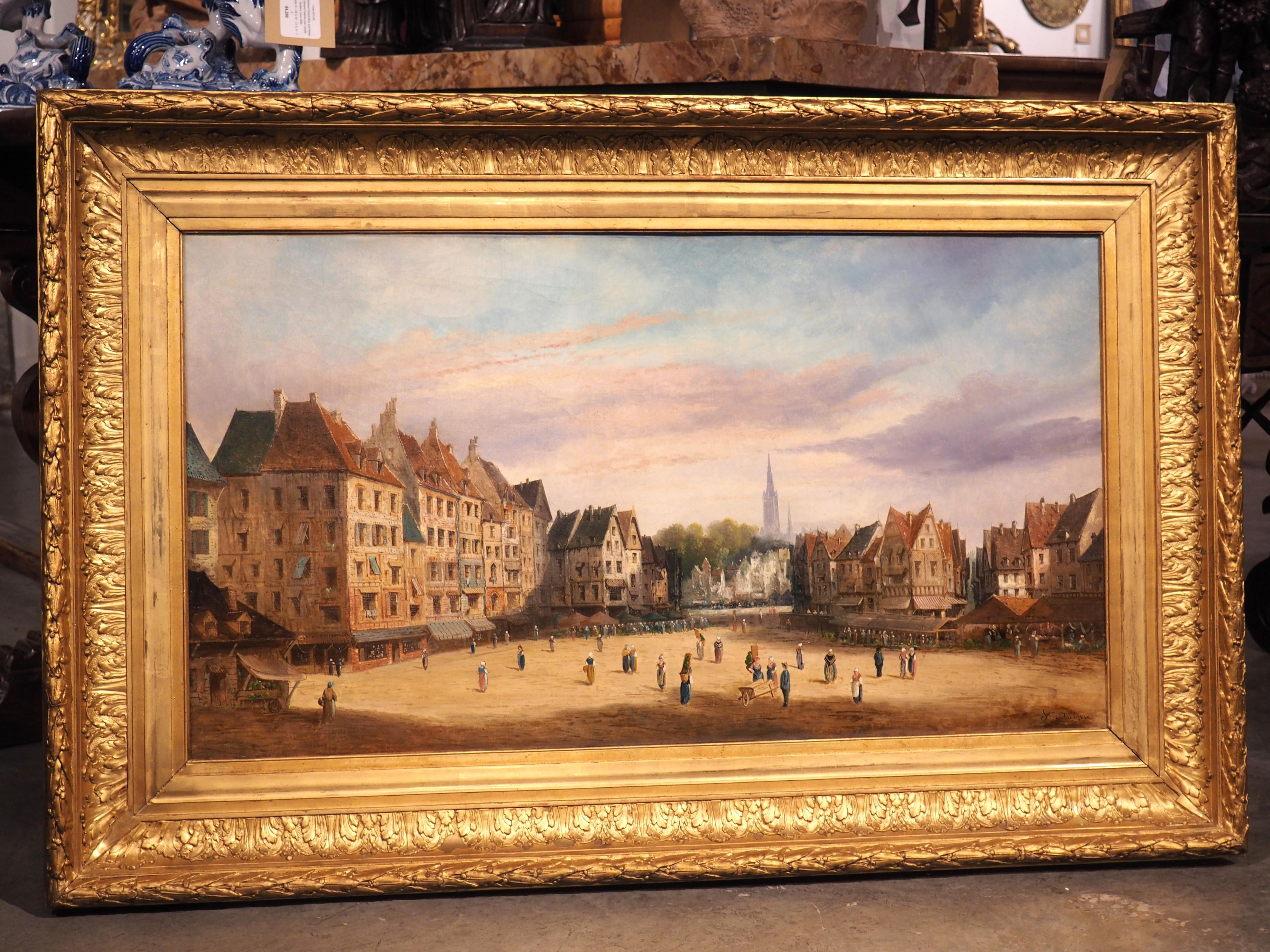 Our captivating and large oil painting in a giltwood frame (49.5 inches) is a snapshot of life in France during the 1800s. The artist (St Aubin, signed in the lower right corner) successfully depicts the bustling town. A peaceful portrayal of a