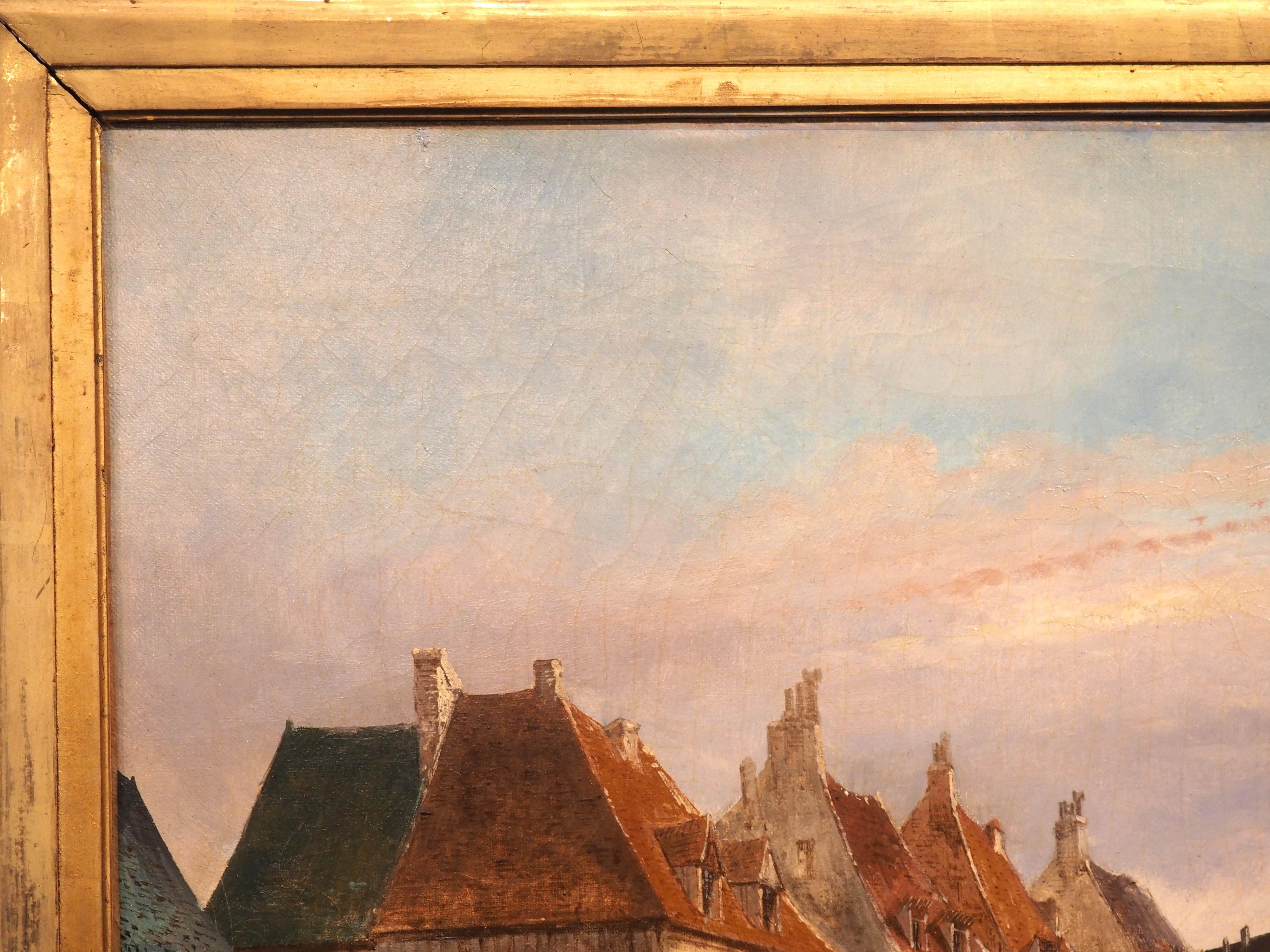 Canvas 19th Century Cityscape Oil Painting in Giltwood Frame, Signed St. Aubin For Sale