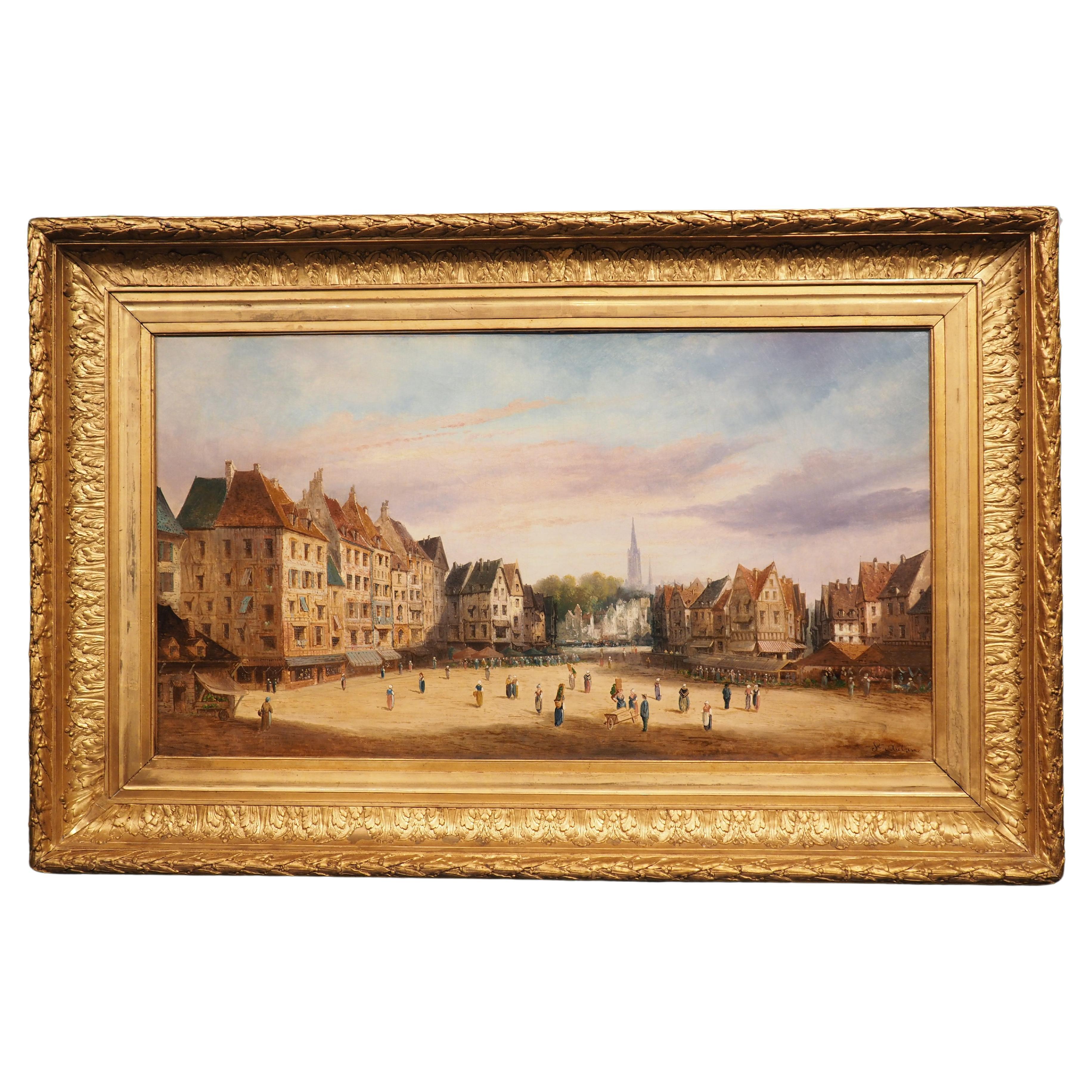 19th Century Cityscape Oil Painting in Giltwood Frame, Signed St. Aubin For Sale