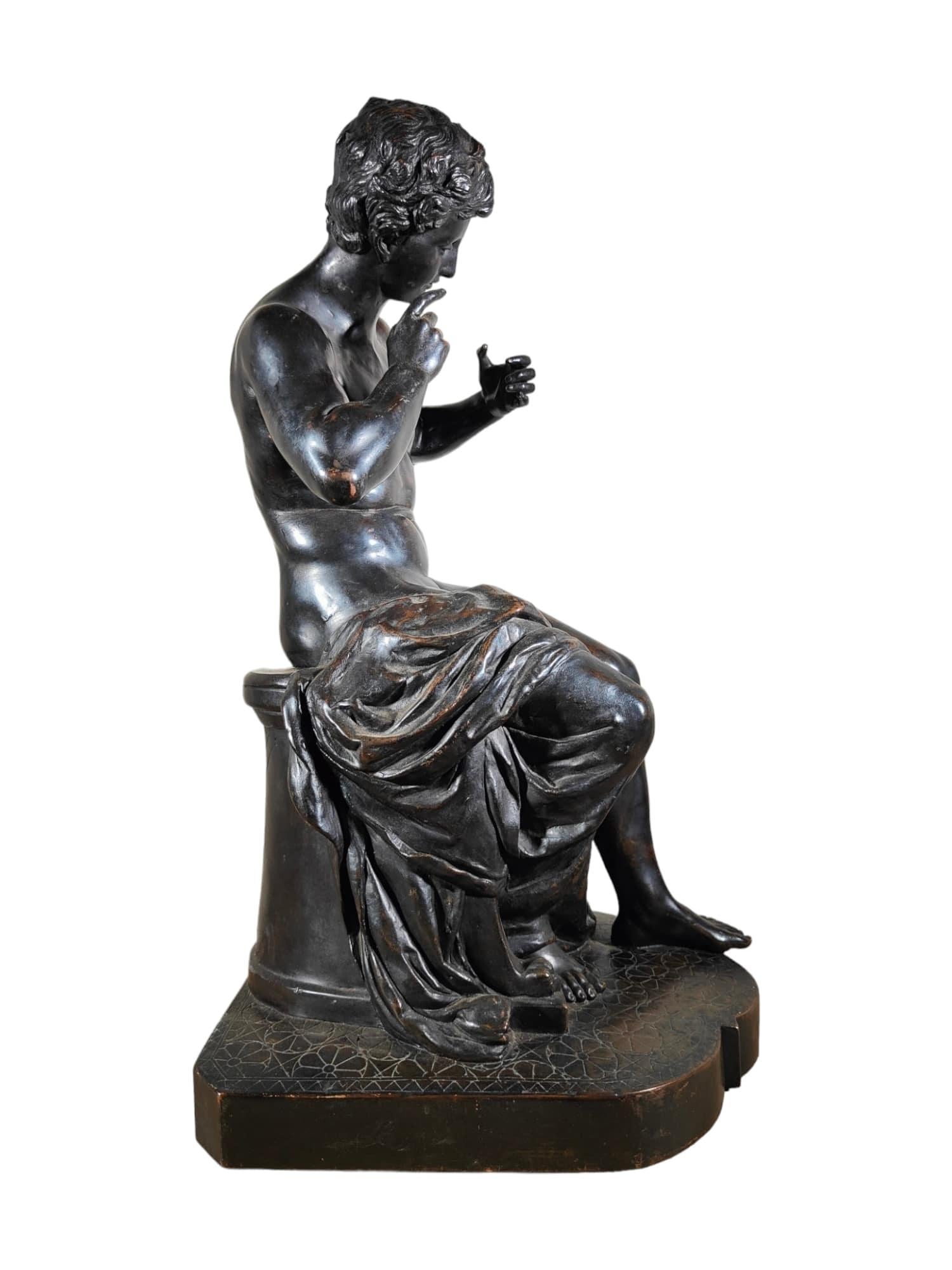 19th Century Classic Sculpture: Youth Seated in Dark Patinated Copper For Sale 11