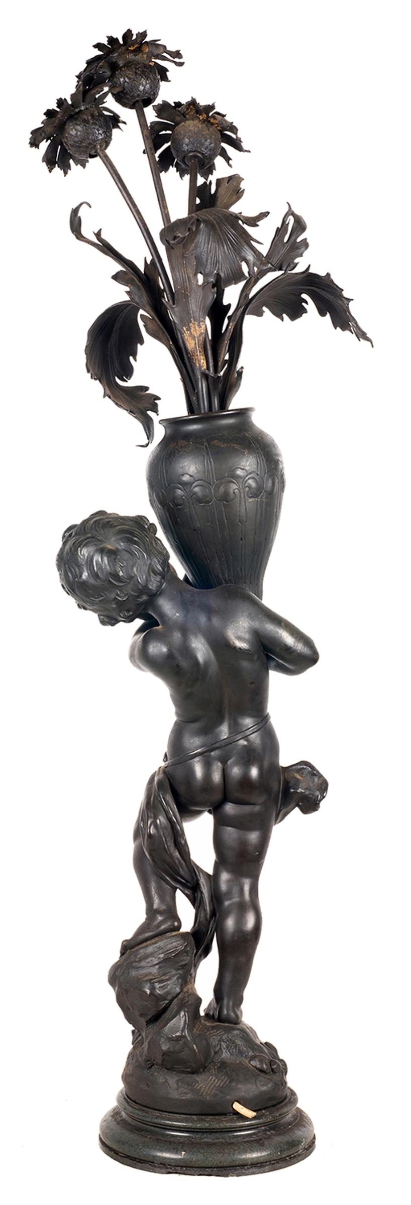 Patinated 19th Century Classical Bronze Cherub Lamp For Sale