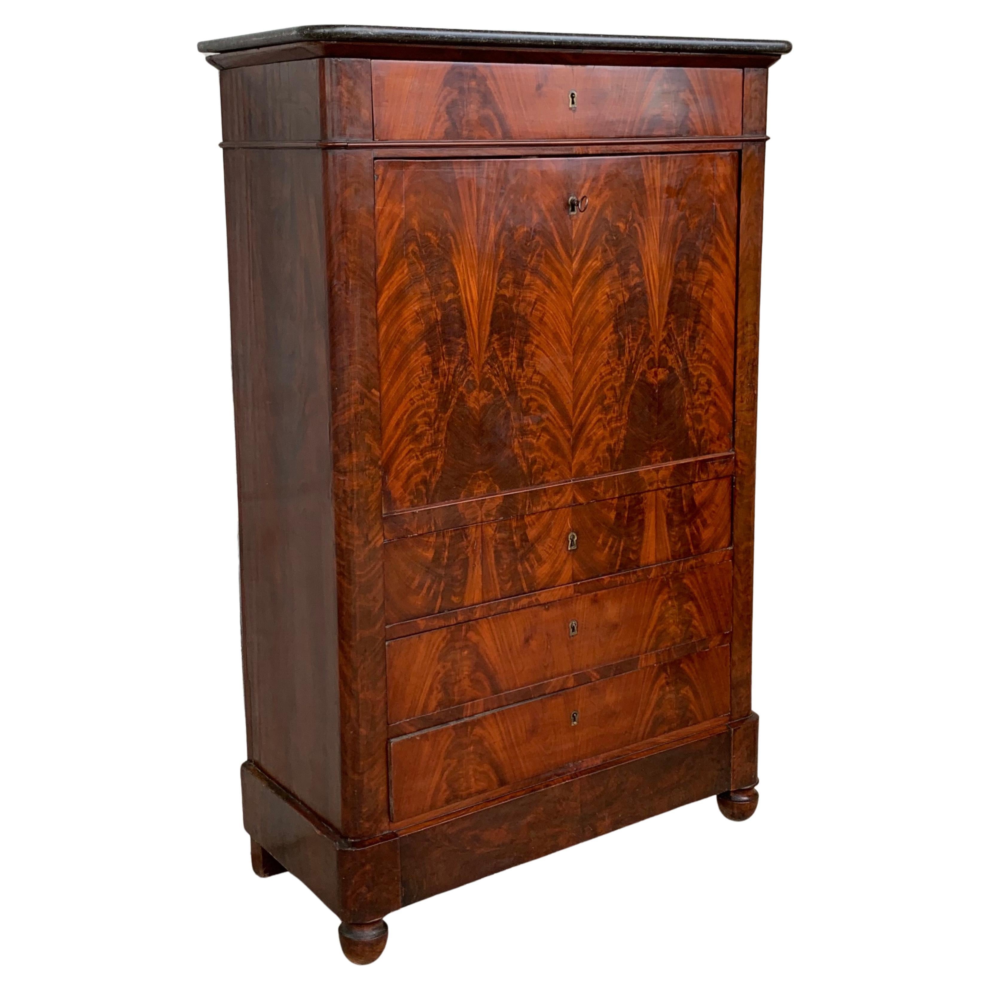 19th Century Classical Charles X Burled Mahogany Secretaire a Abattant For Sale