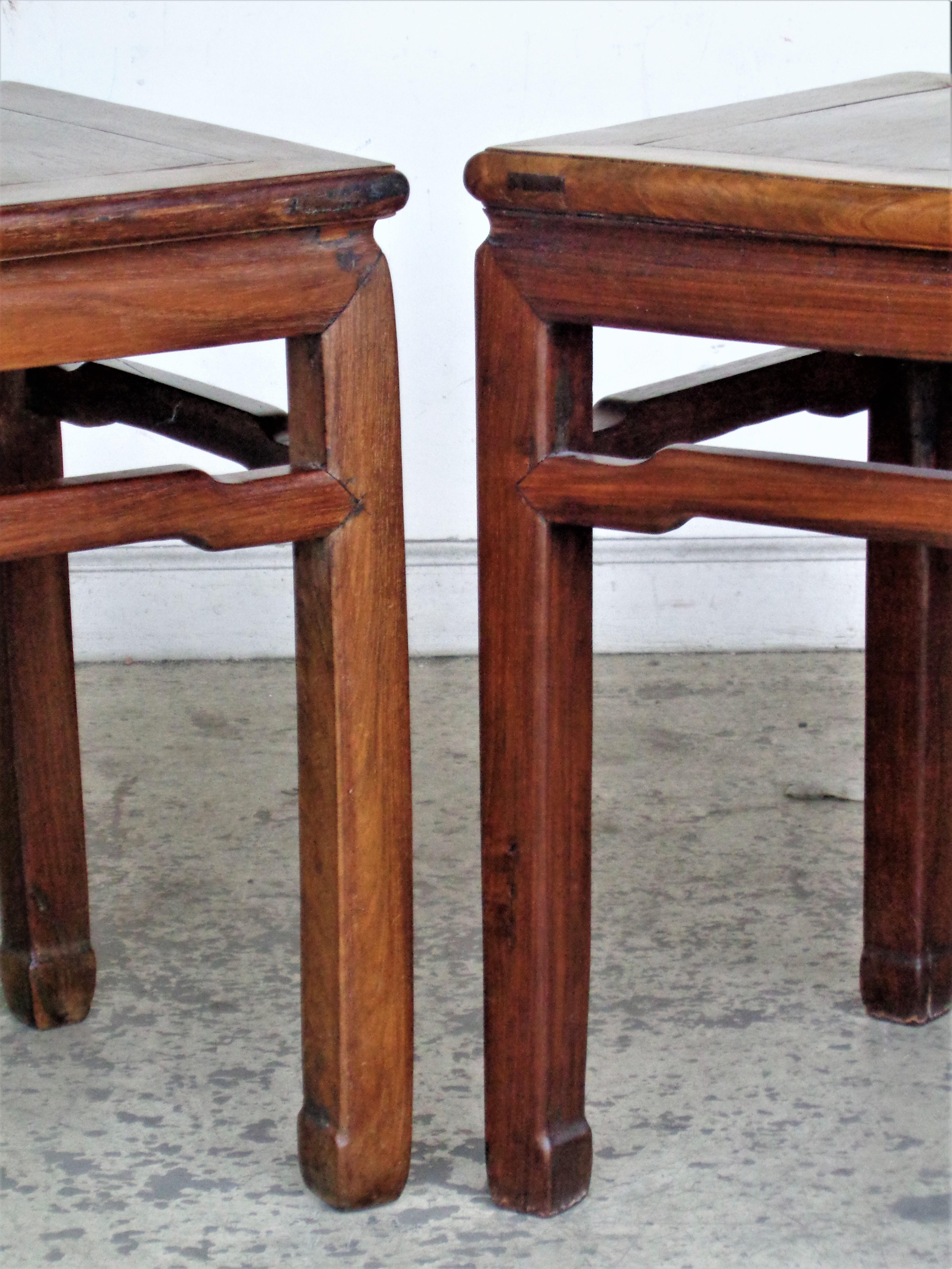 A near pair of 19th century classical Chinese hardwood side tables with hoof foot, early mortise construction ( no nails ) and good original old surface. Table with darker color has old pegged patch at one corner of top - measures 16