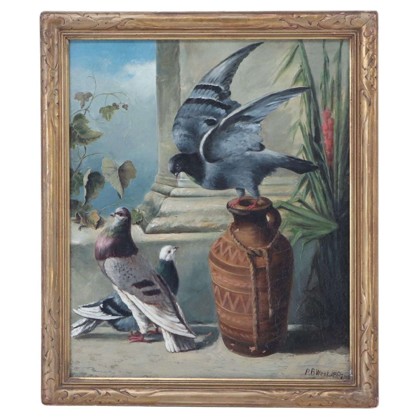 Peinture à l'huile classique du 19e siècle représentant des pigeons, signée P.B. Ouest 1887