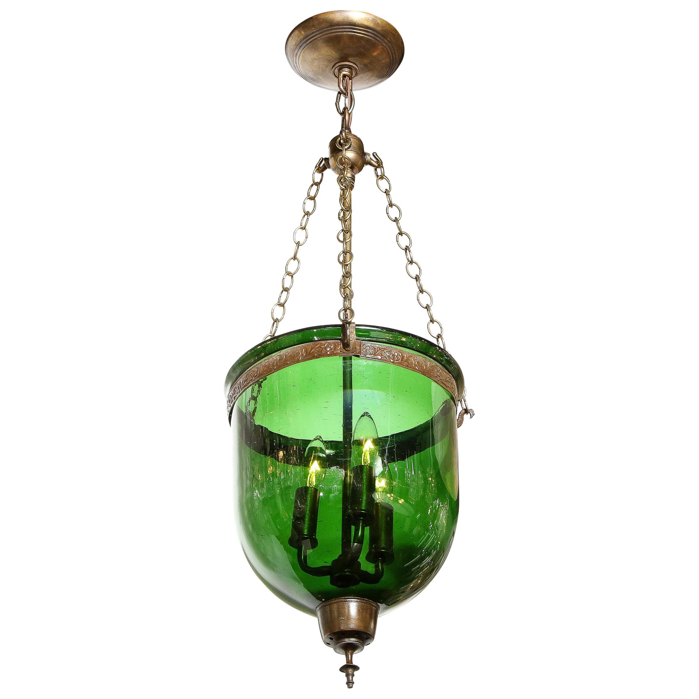 19th Century Classical Russian Emerald Glass Domed Pendant with Bronze Fittings For Sale