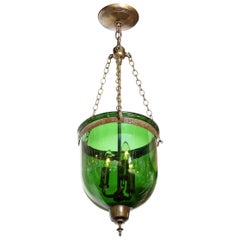 19th Century Classical Russian Emerald Glass Domed Pendant with Bronze Fittings