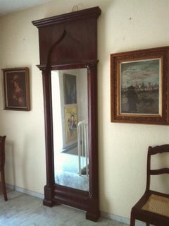 19th Century Classicism Mahogany Stand Mirror Half Columns Pilasters Chapters