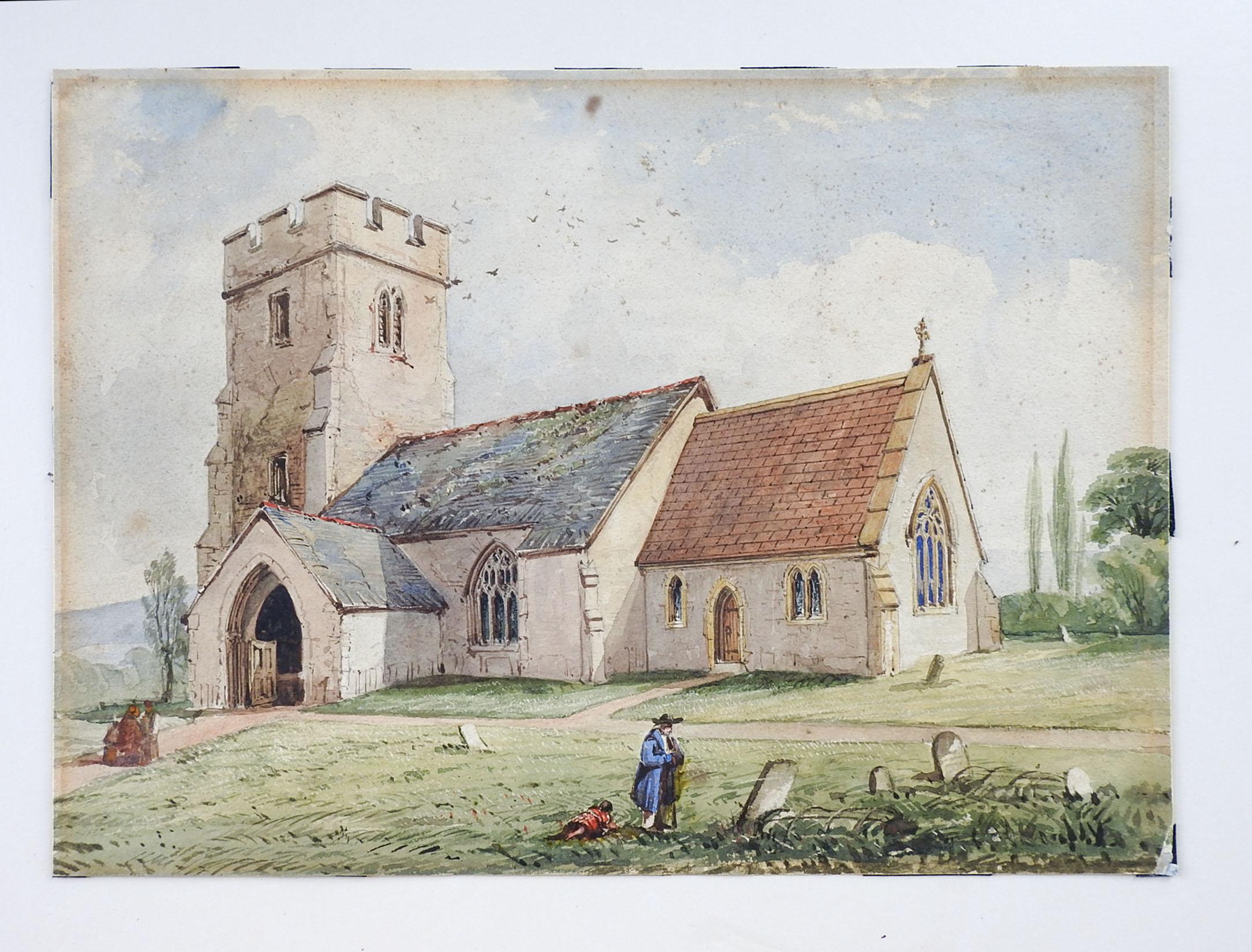 Circa mid 19th Century watercolor on paper. Clatworthy Church of St Mary Magdalene, Somerset England. Shows graveyard with iron mortsafe cages over graves. Unsigned. Unframed, age toning with some foxing, repair lower right corner, tape remains on