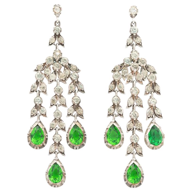 19th Century Clear and Emerald Paste Girandole Chandelier Earrings