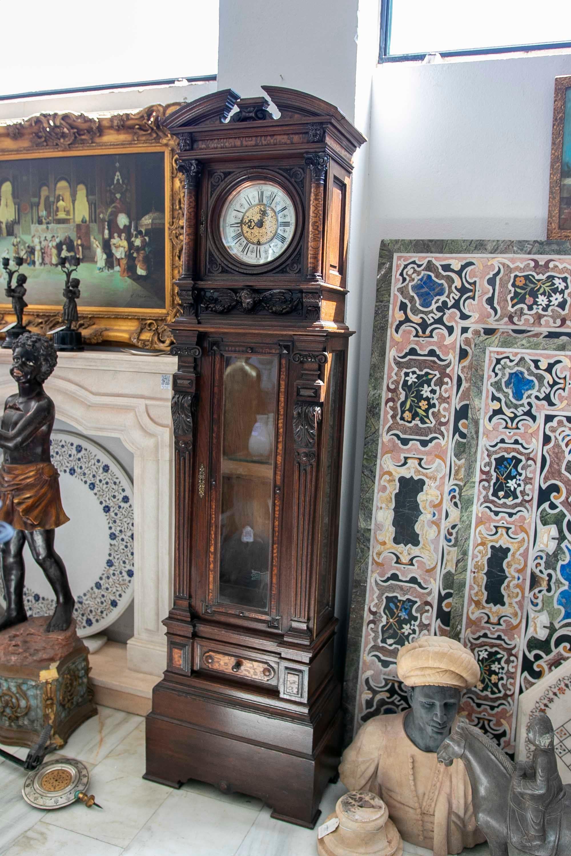 English 19th Century Clock with Hand Carved Oak Case with Original Mechanism For Sale