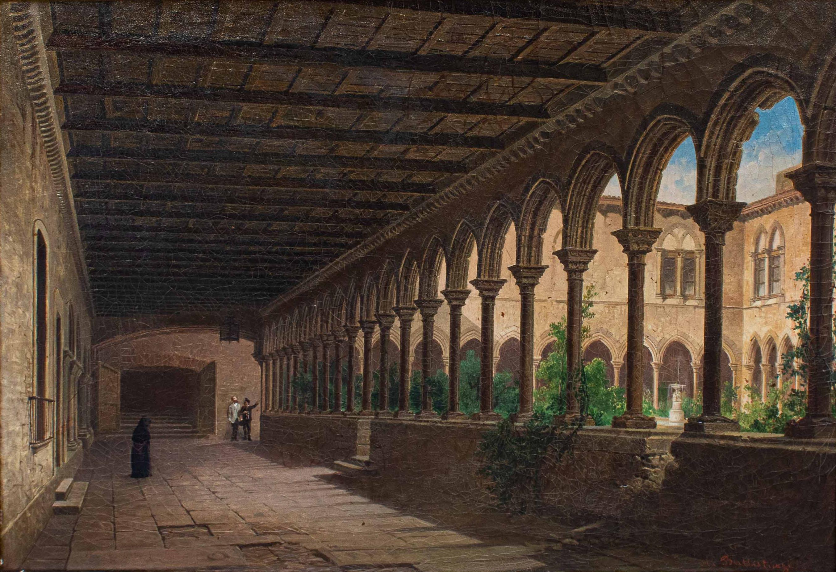 Achille Battistuzzi (Trieste, 1830 - Barcelone, ??1891)
Cloître
Huile sur toile, 51x67 cm - avec cadre 74 x 89
Signé en bas à droite 