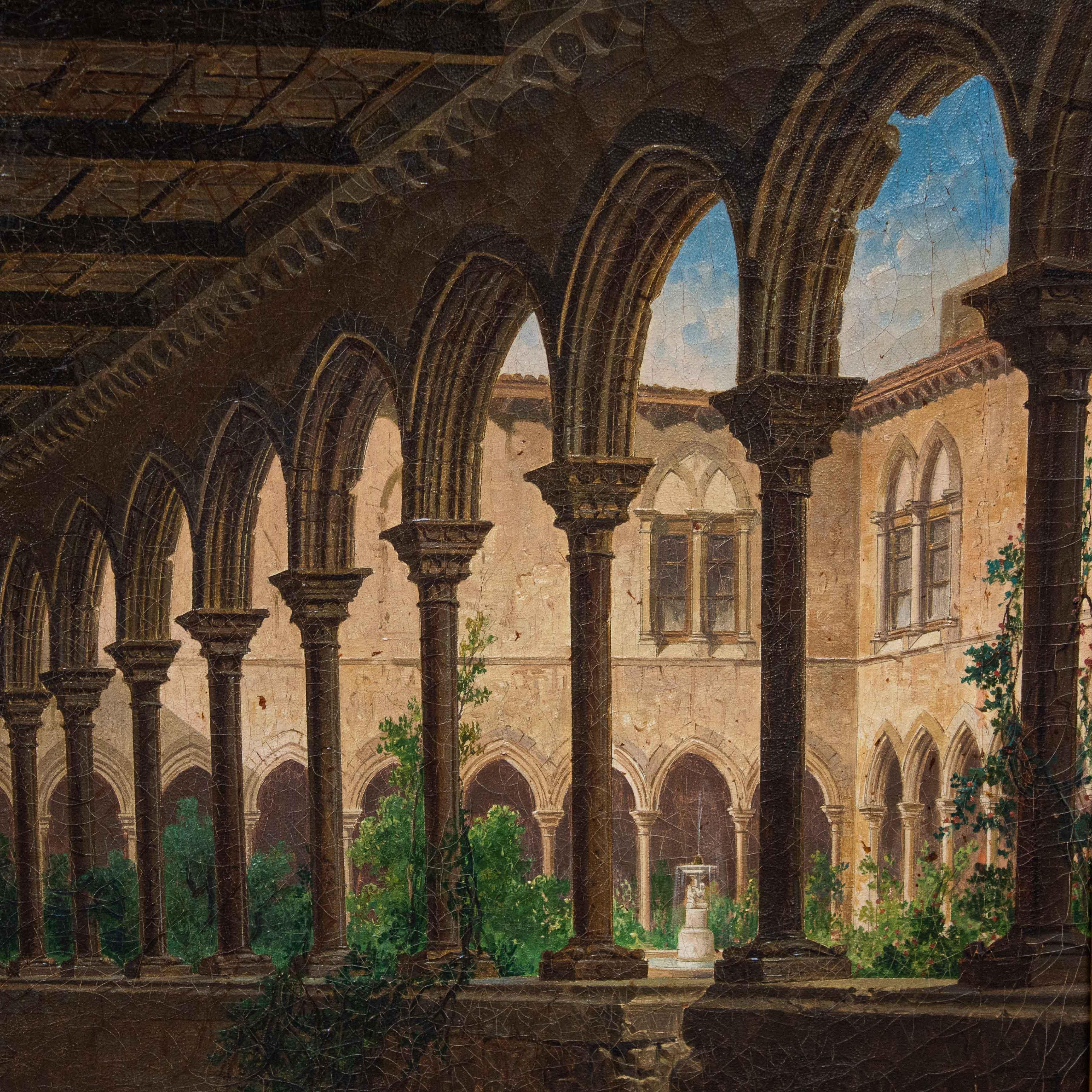 italien Peinture à l'huile sur toile « Cloister » du XIXe siècle par Achille Battistuzzi en vente