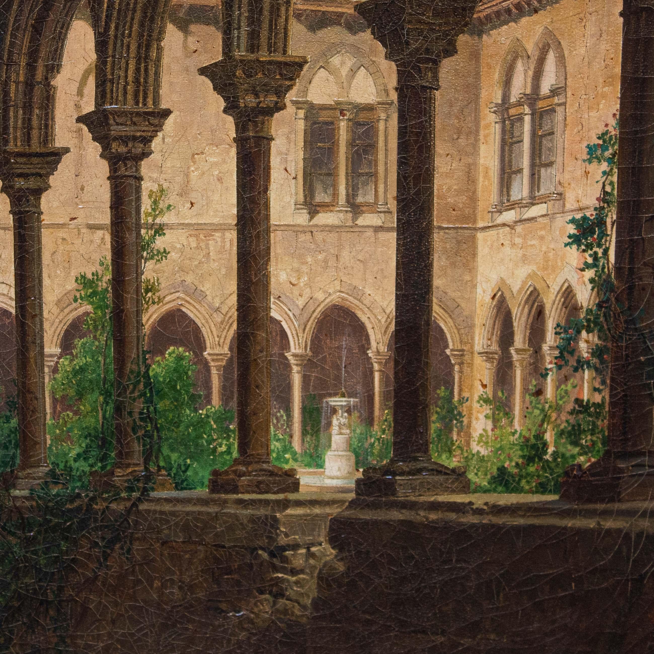 Oiled 19th Century Cloister Painting oil on canvas by Achille Battistuzzi For Sale