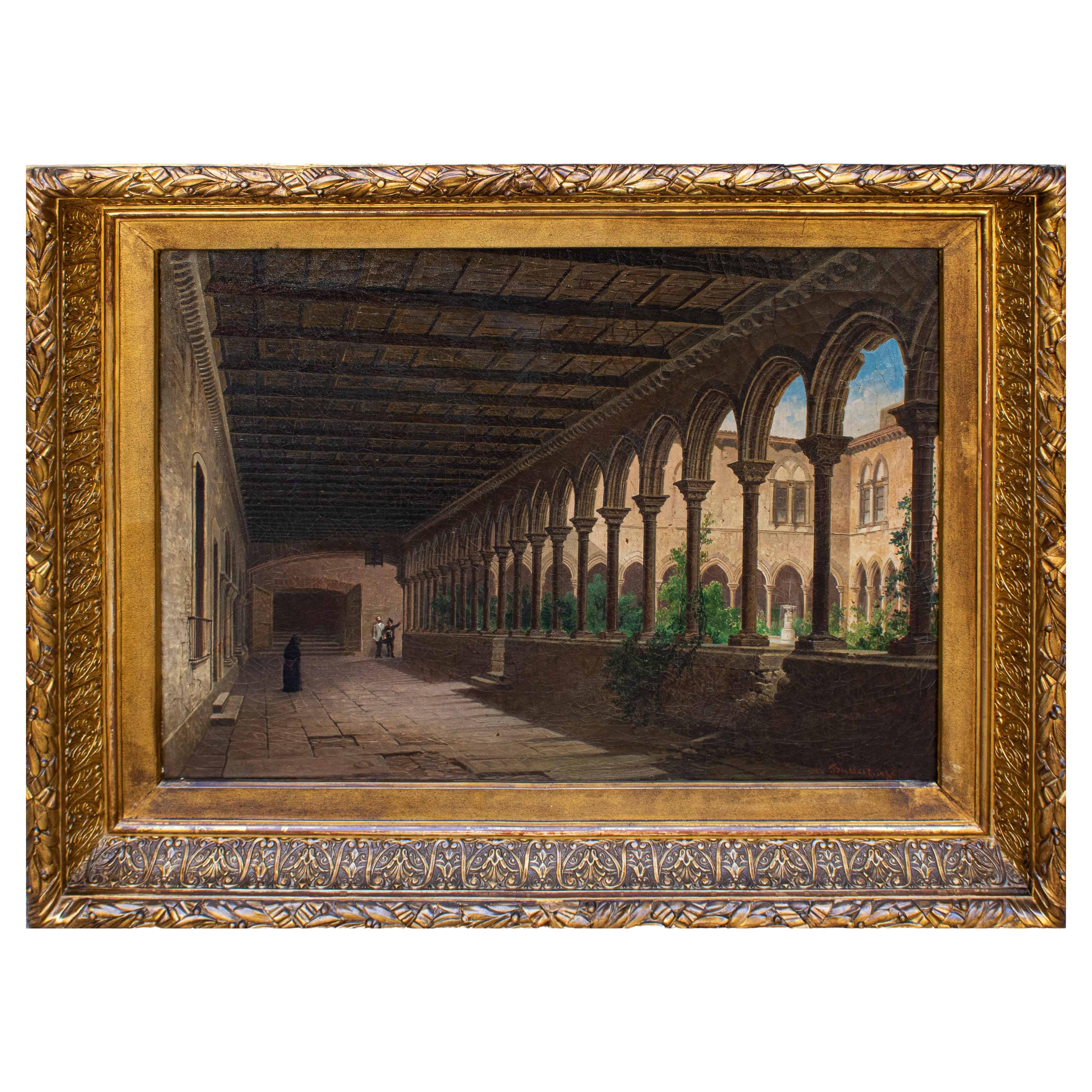 Peinture à l'huile sur toile « Cloister » du XIXe siècle par Achille Battistuzzi