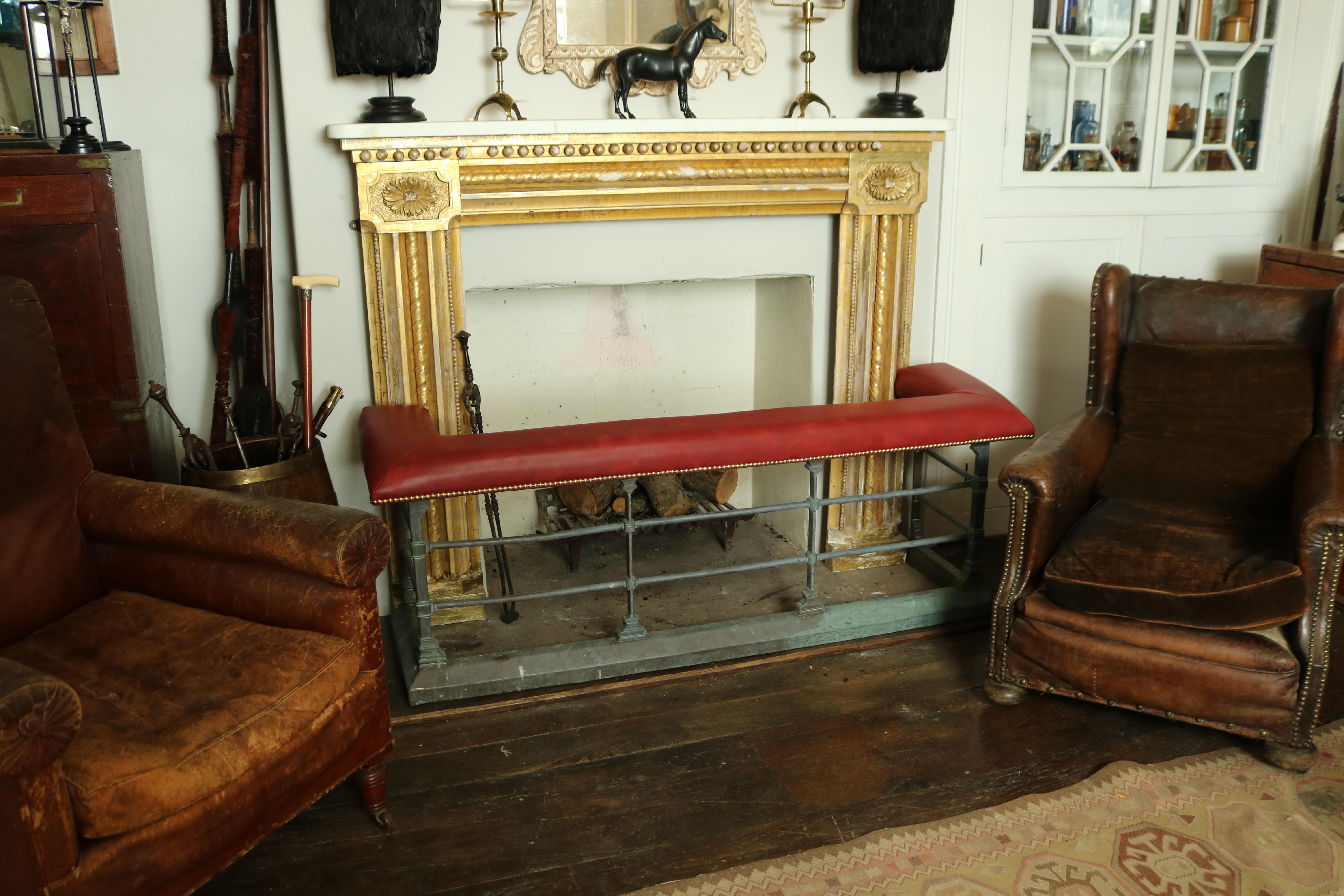 Hand-Crafted 19th Century Brass Fire Side Club Fender with Leather Padded Seat