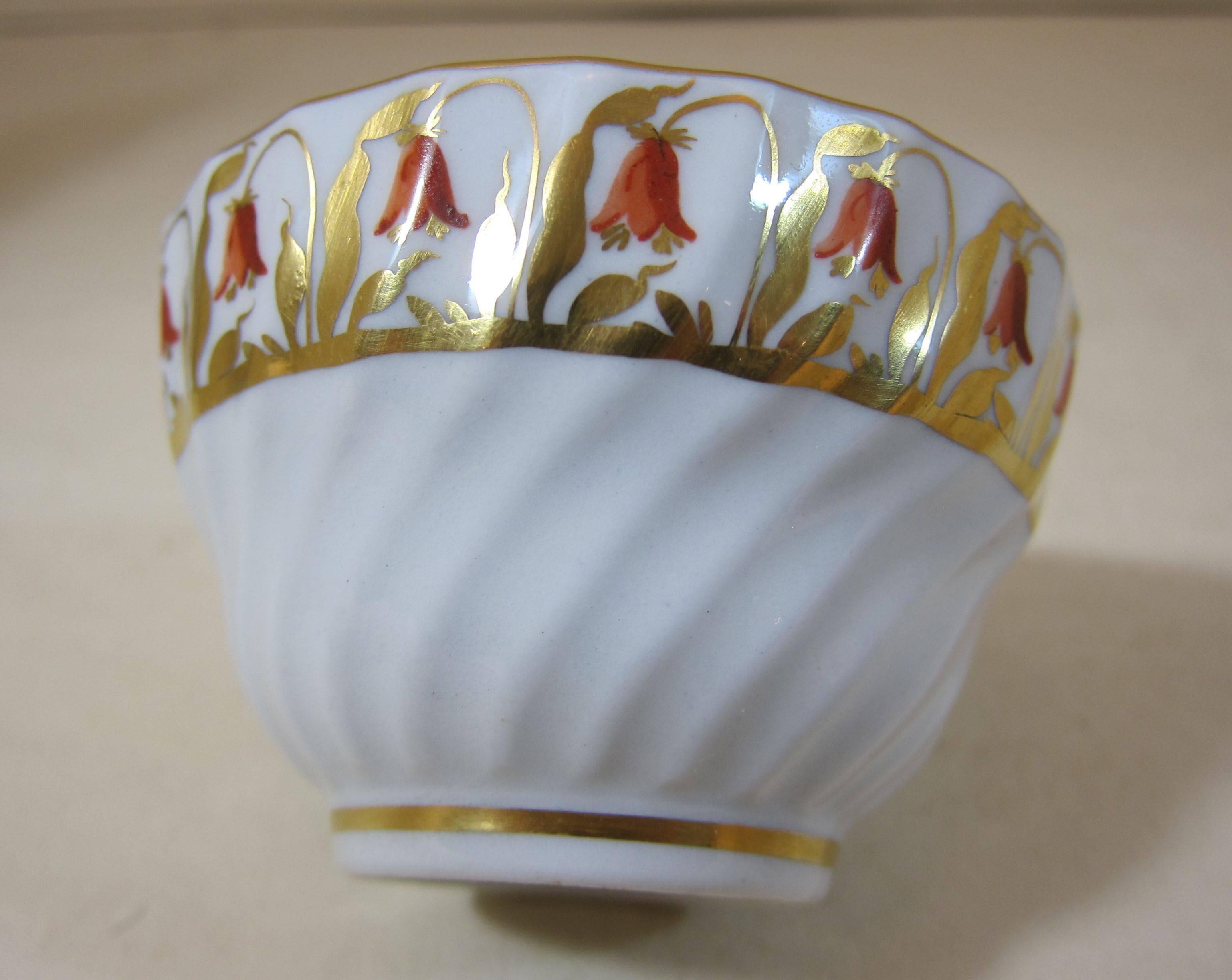 English 19th Century Coalport Gilt Harebell Decorated Fluted Porcelain Tea Bowl Saucer