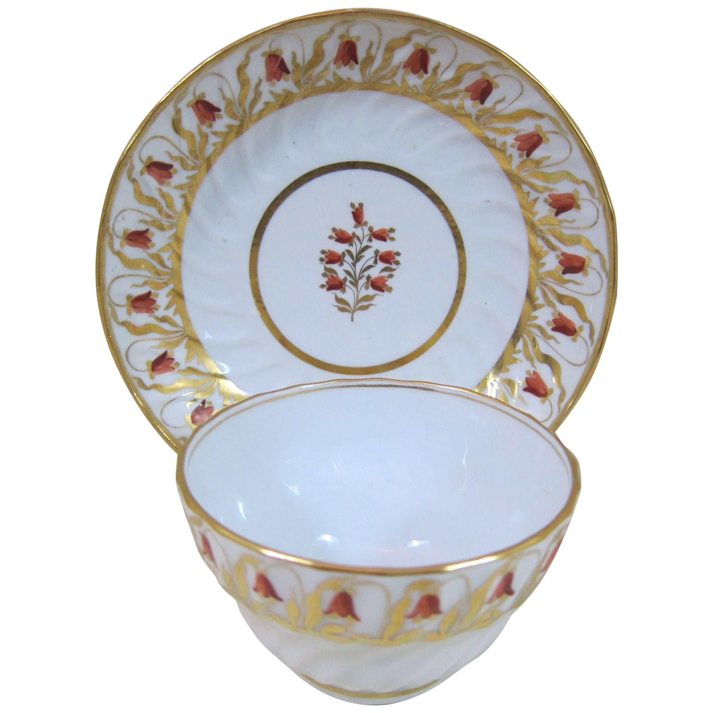 19th Century Coalport Gilt Harebell Decorated Fluted Porcelain Tea Bowl Saucer