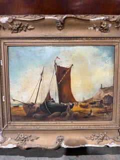 19th Century Coastal Oil Painting of Fishing Boats with Figures