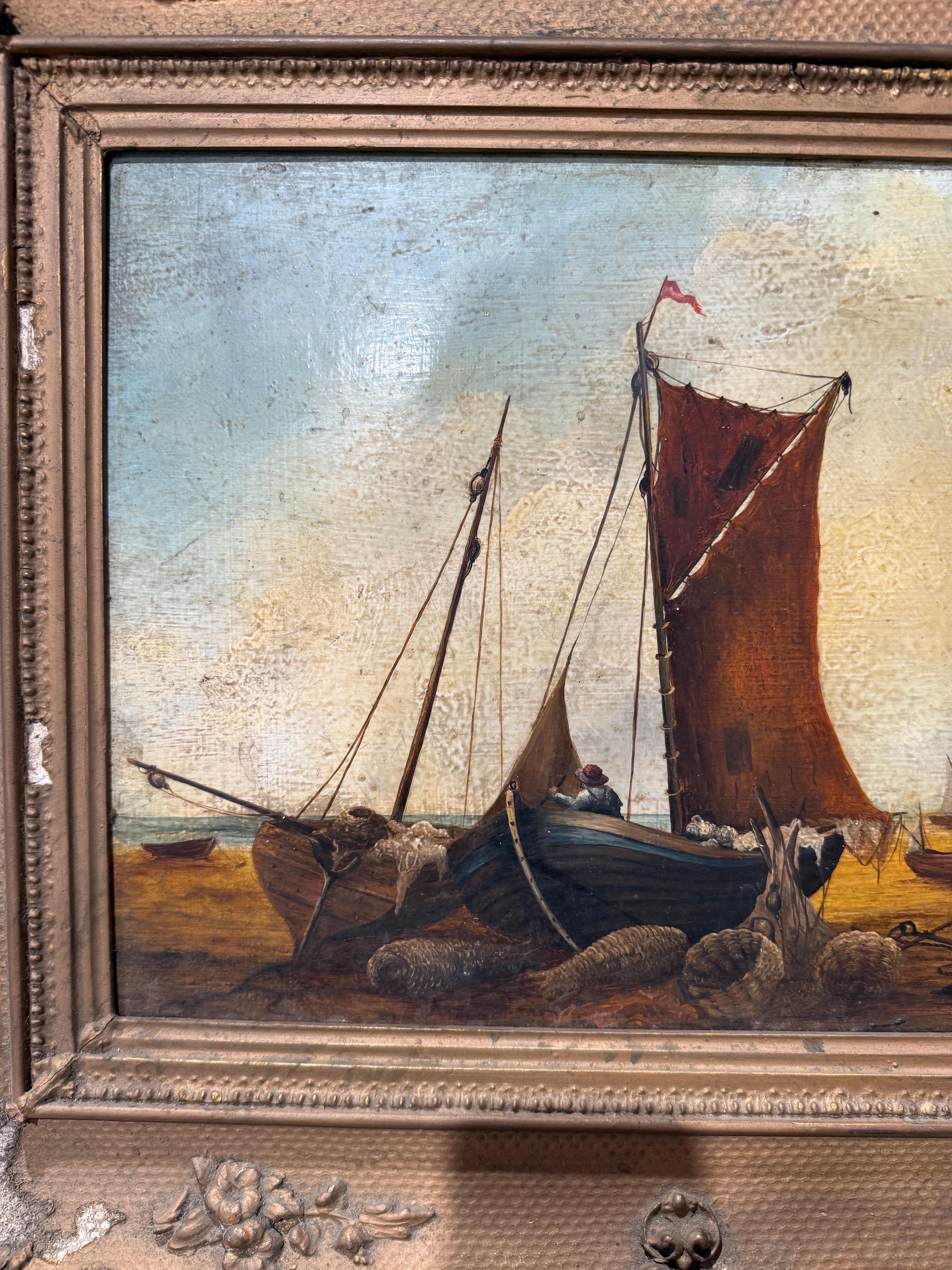 Küsten-Ölgemälde des 19. Jahrhunderts mit Fischerbooten und Figuren (Europäisch) im Angebot