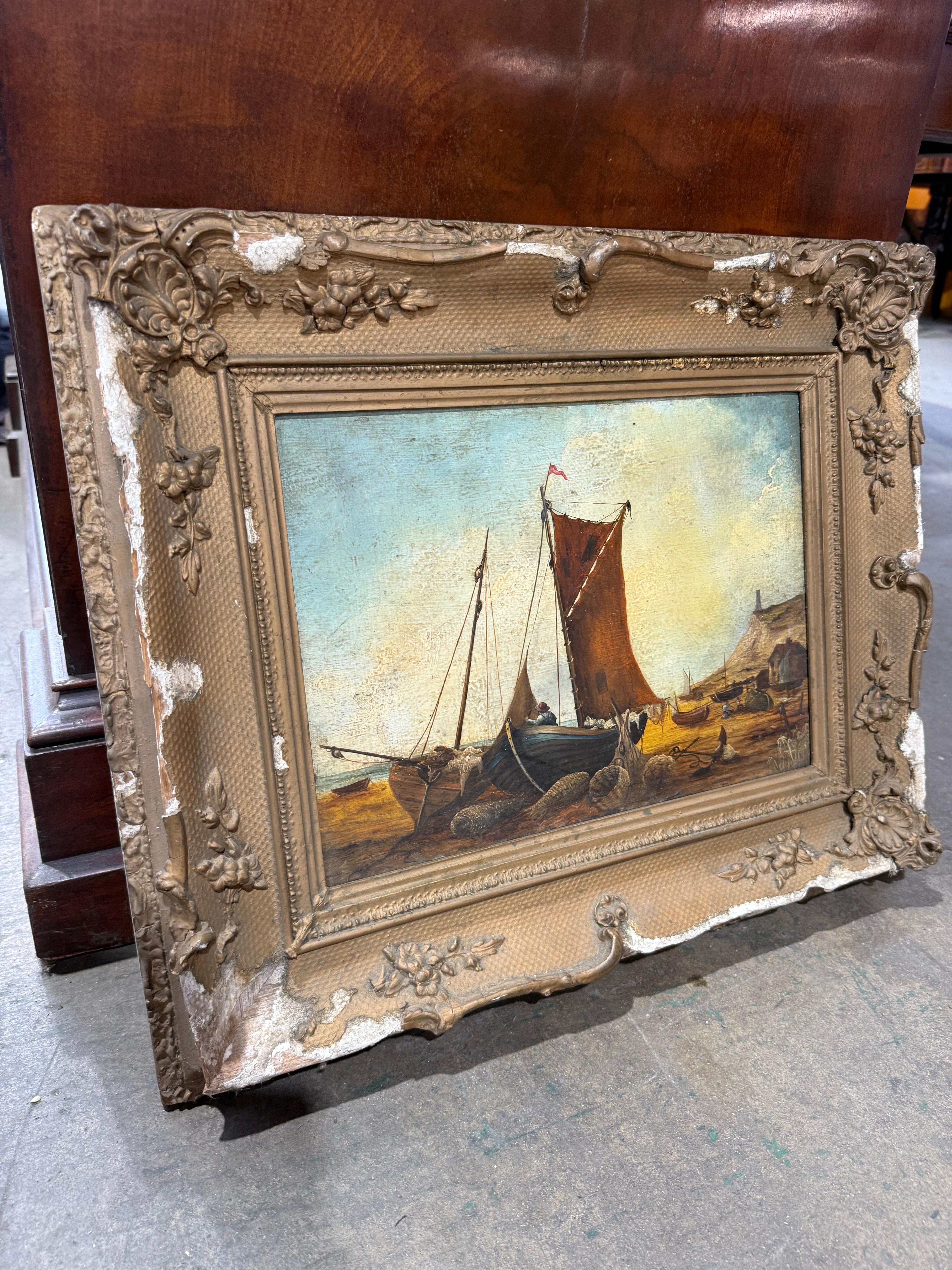 Küsten-Ölgemälde des 19. Jahrhunderts mit Fischerbooten und Figuren (Handbemalt) im Angebot