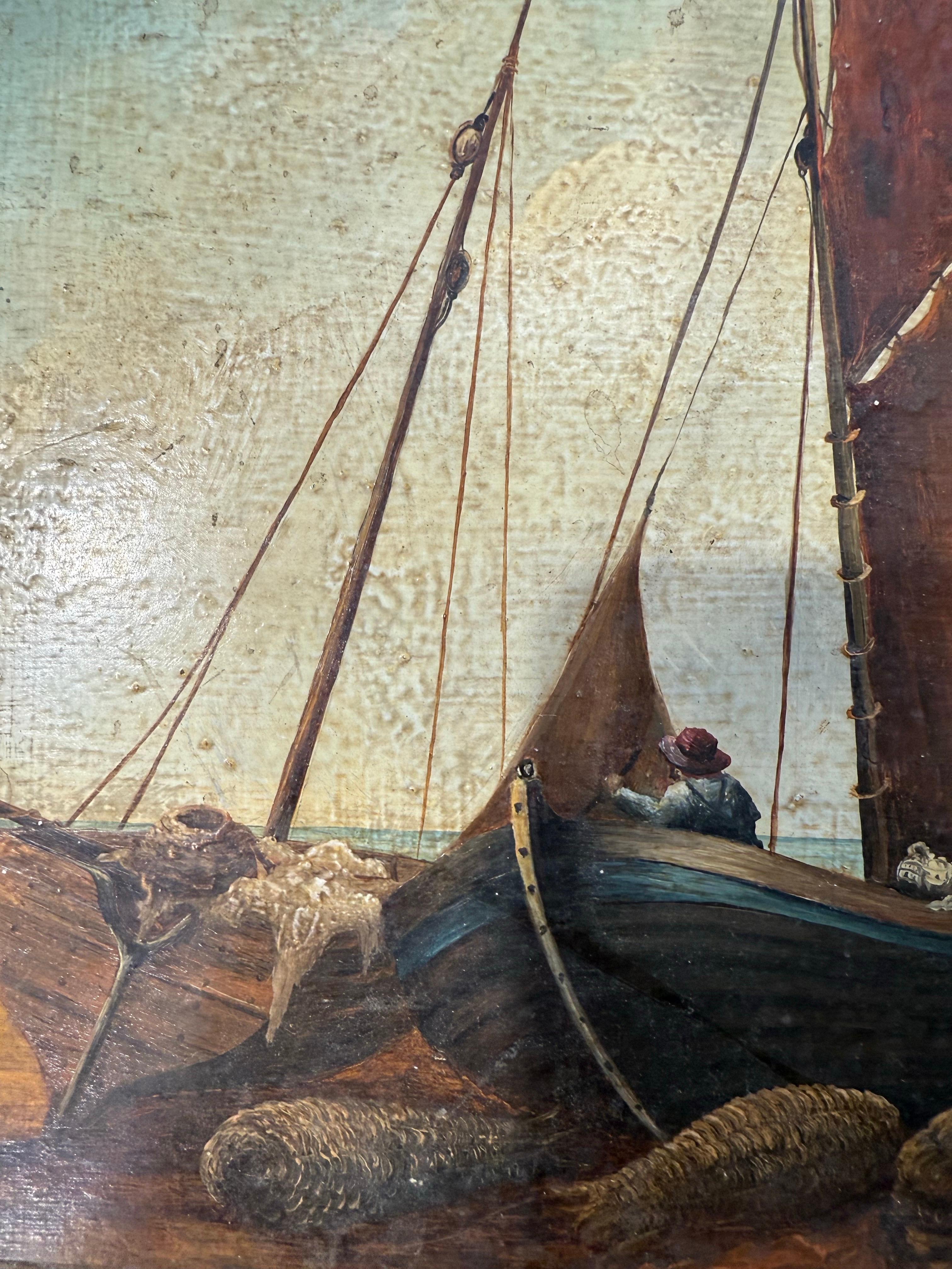 Küsten-Ölgemälde des 19. Jahrhunderts mit Fischerbooten und Figuren im Angebot 2