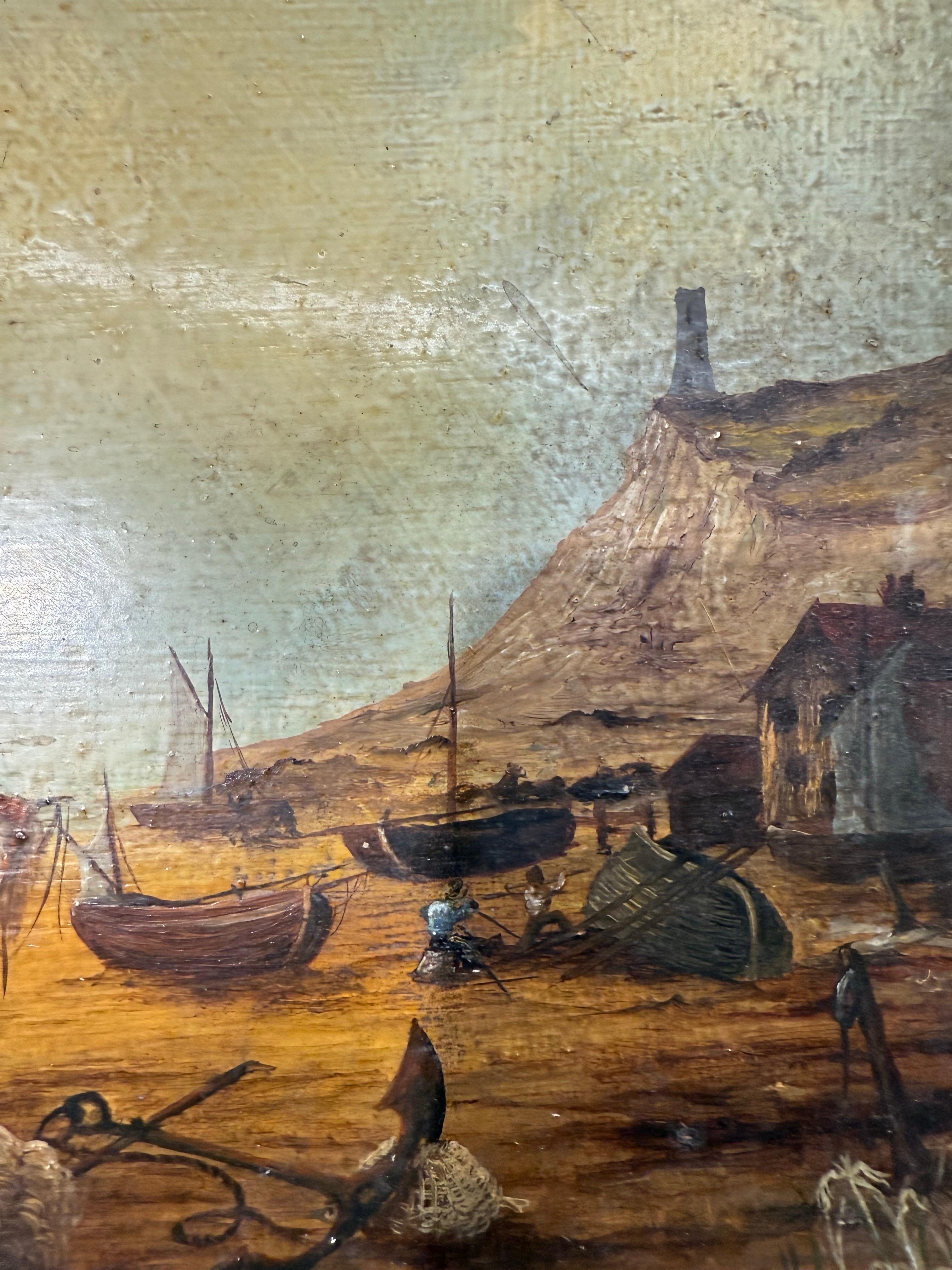 Küsten-Ölgemälde des 19. Jahrhunderts mit Fischerbooten und Figuren im Angebot 3