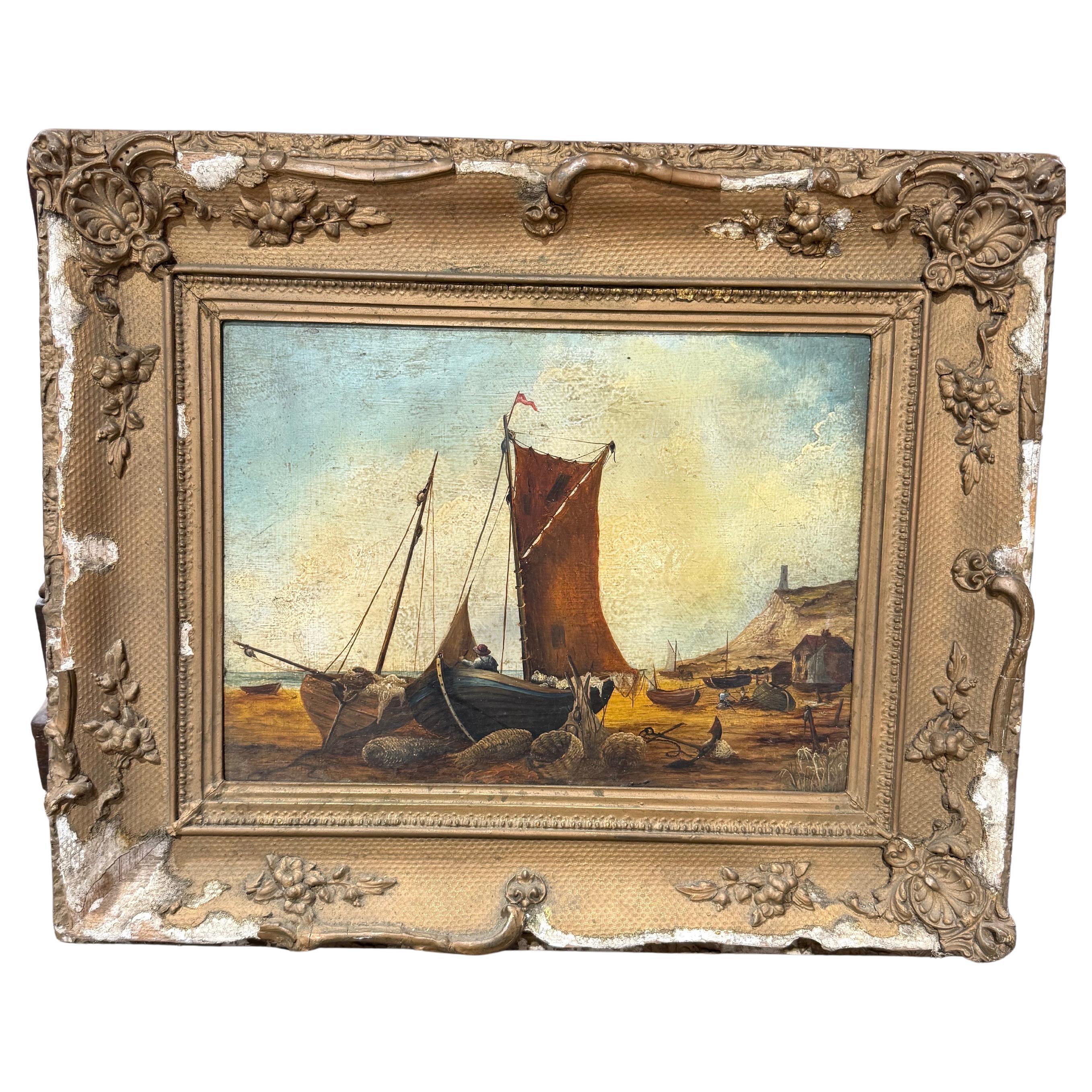 19th Century Coastal Oil Painting of Fishing Boats with Figures