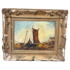 19th Century Coastal Oil Painting of Fishing Boats with Figures