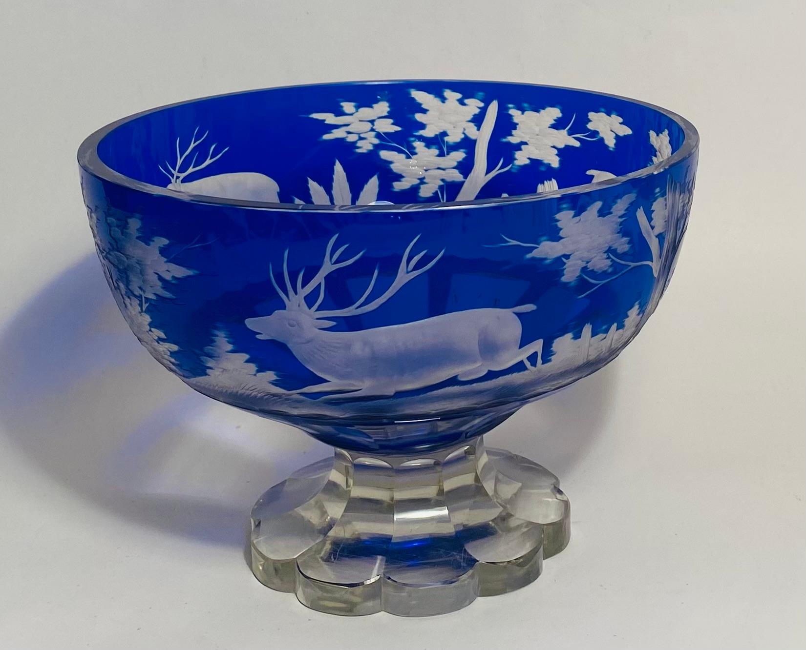 19th Century Cobalt Blue Crystal Centerpiece, Stag, Deer & Scenic Surround For Sale 8