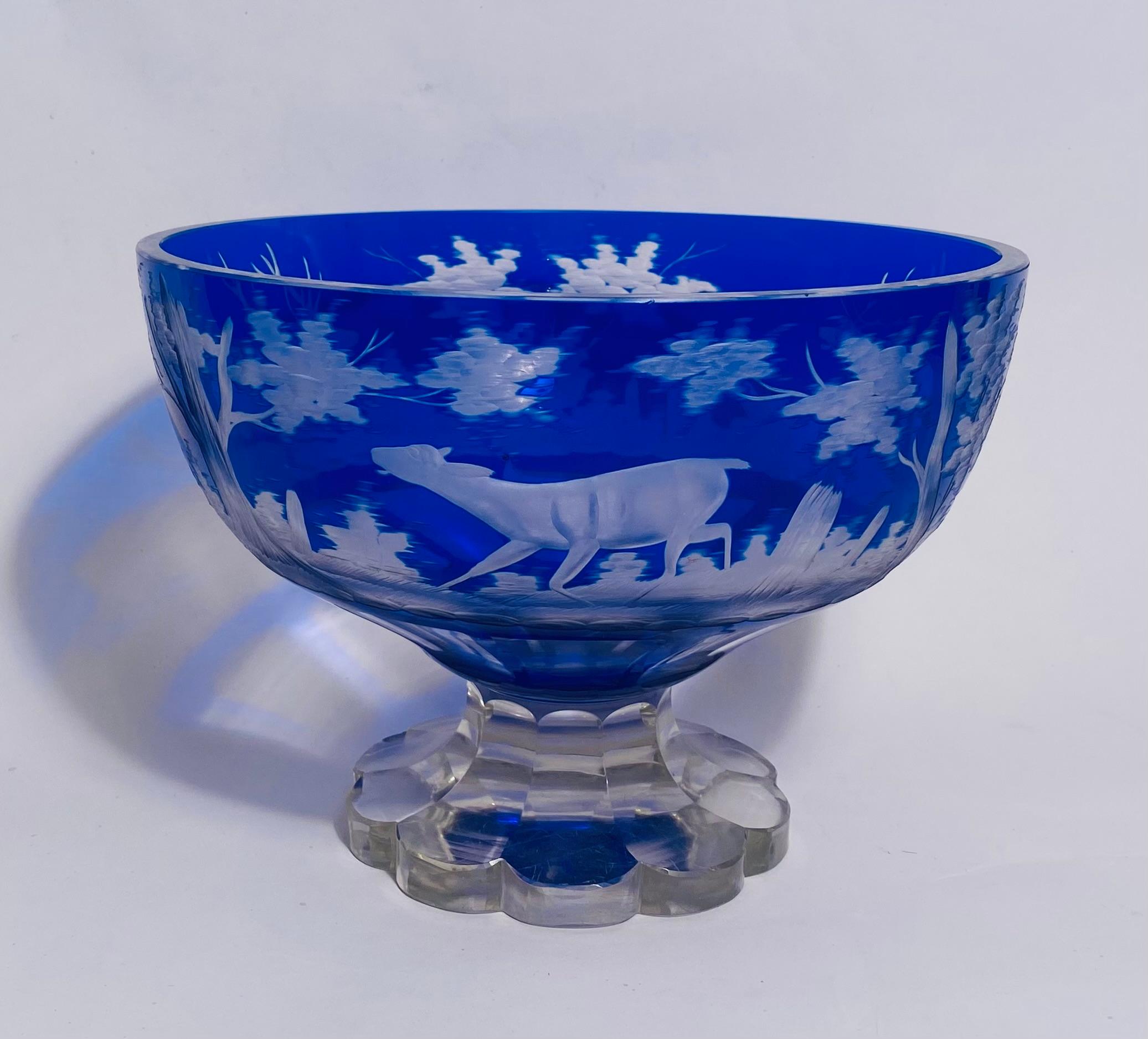 19th Century Cobalt Blue Crystal Centerpiece, Stag, Deer & Scenic Surround For Sale 1